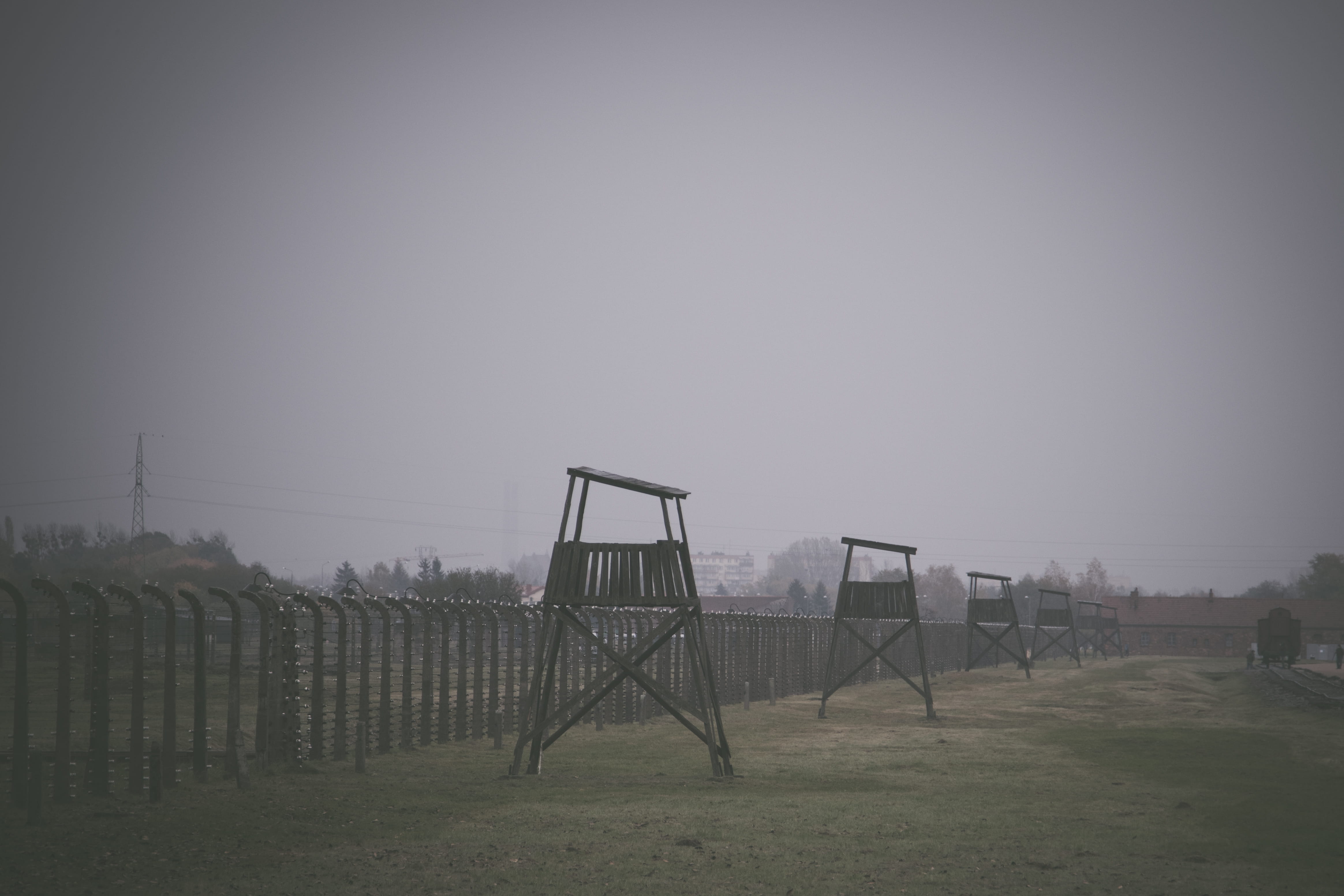 boundary, oświęcim, auschwitz, sky, rain, barrier, war, poland, mist, lookout, land, day, fence, nature, outdoors, team sport, field, soccer field, wet, HD Wallpaper