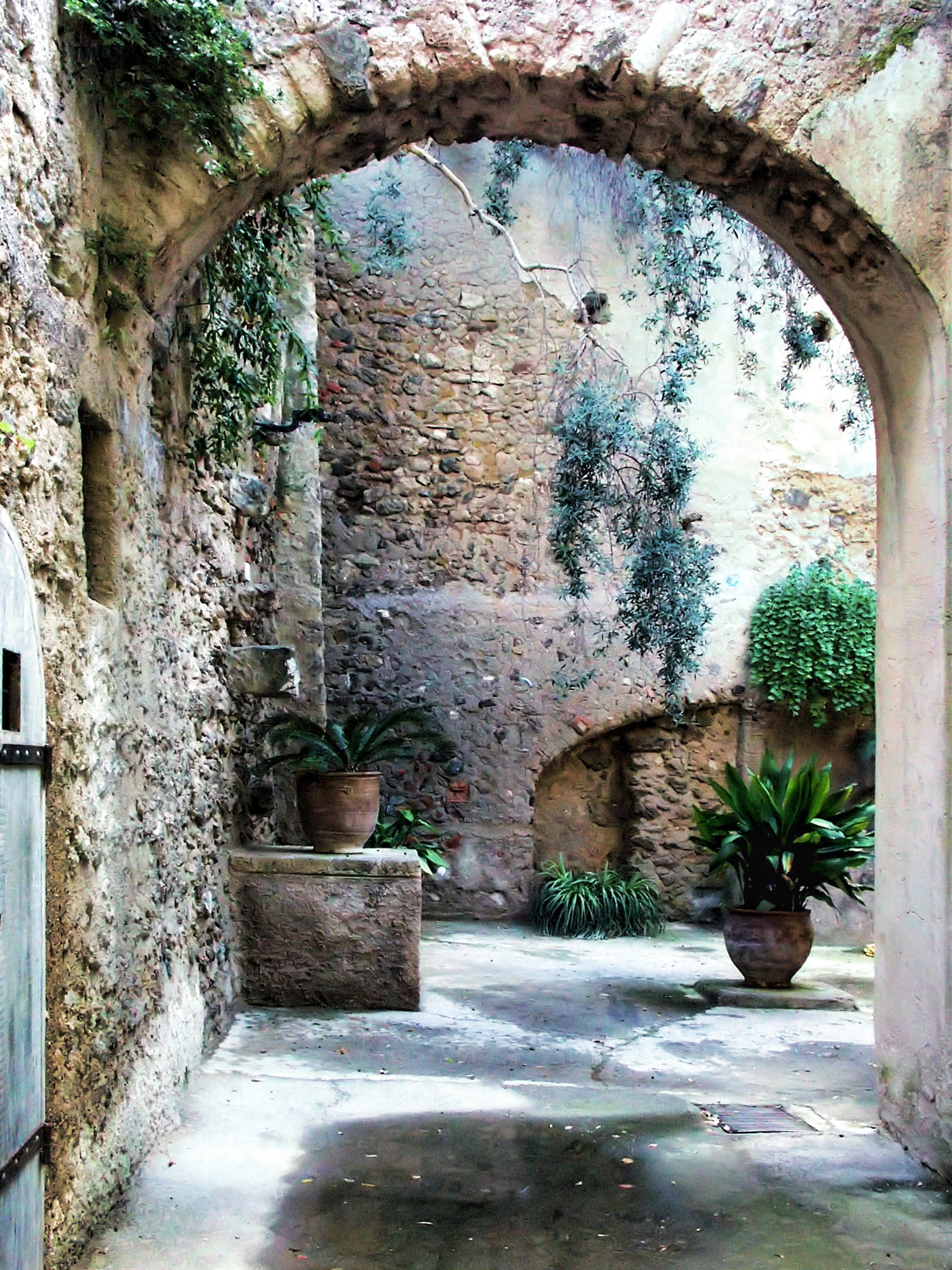 footpath, old, plant pots, potted plant, impressions, near, arch, history, architecture, street, stone, building, built structure, tree, no people, plant, Phone HD Wallpaper