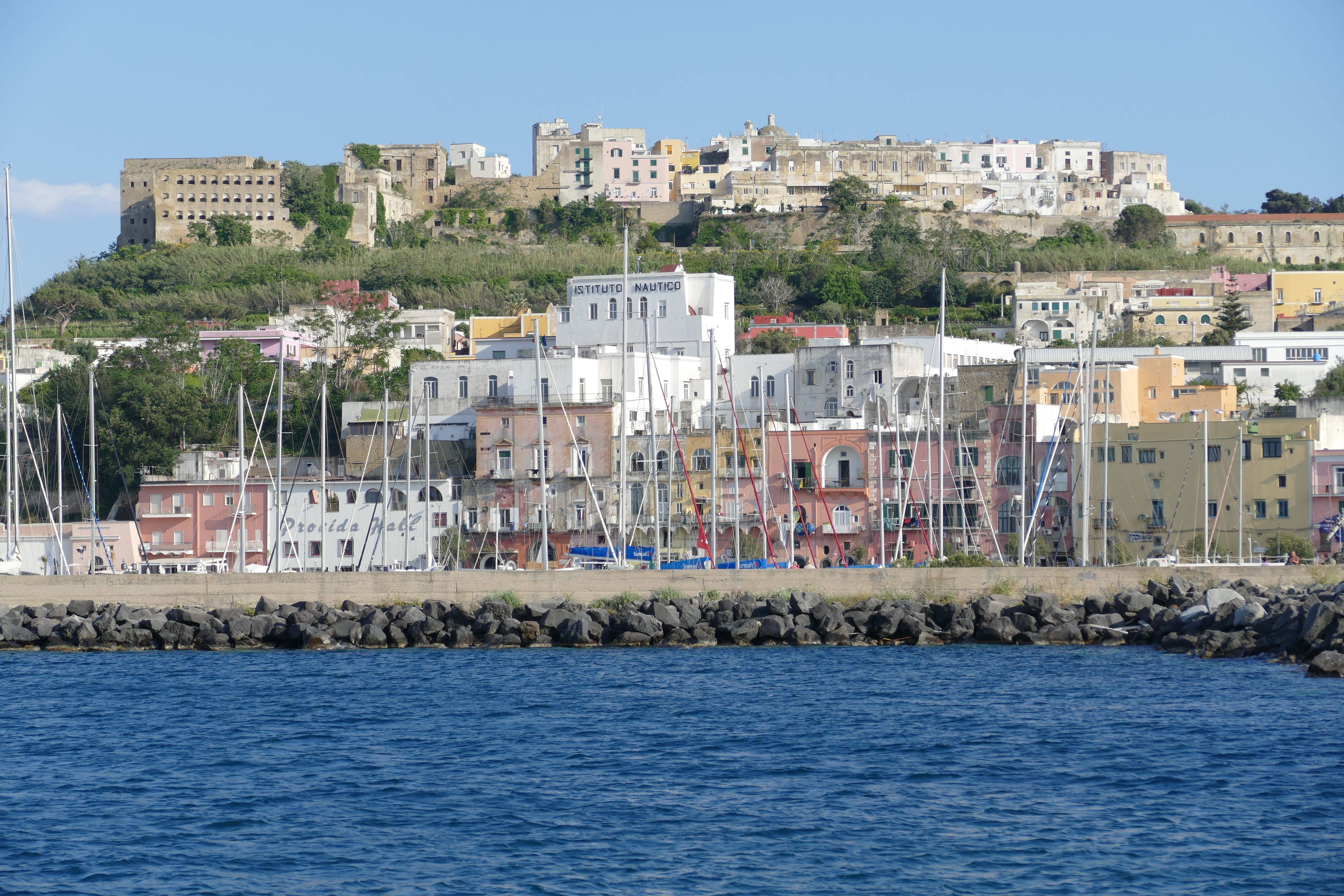 ischia, old town, water, nature, building, fortress, island, house, rock, architecture, 5K, idyllic, town, tourism, land, sea, sky, italy, procida, city, HD Wallpaper