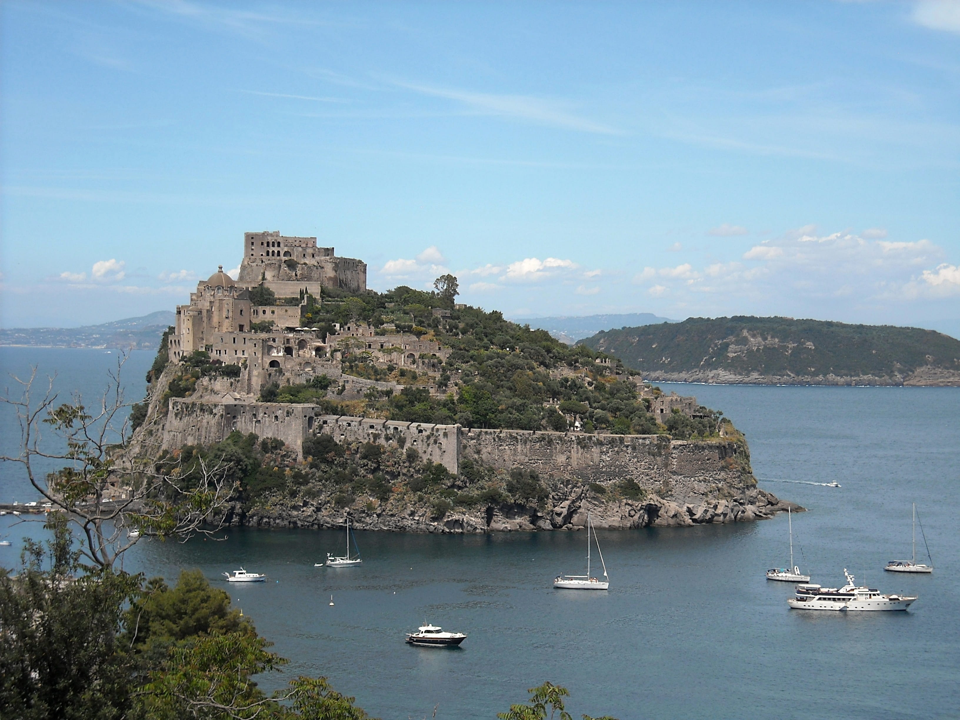 views, bay, nature, landscape, tree, day, mode of transportation, water, castle, ischia, sailboat, cloud - sky, transportation, mountain, building exterior, HD Wallpaper