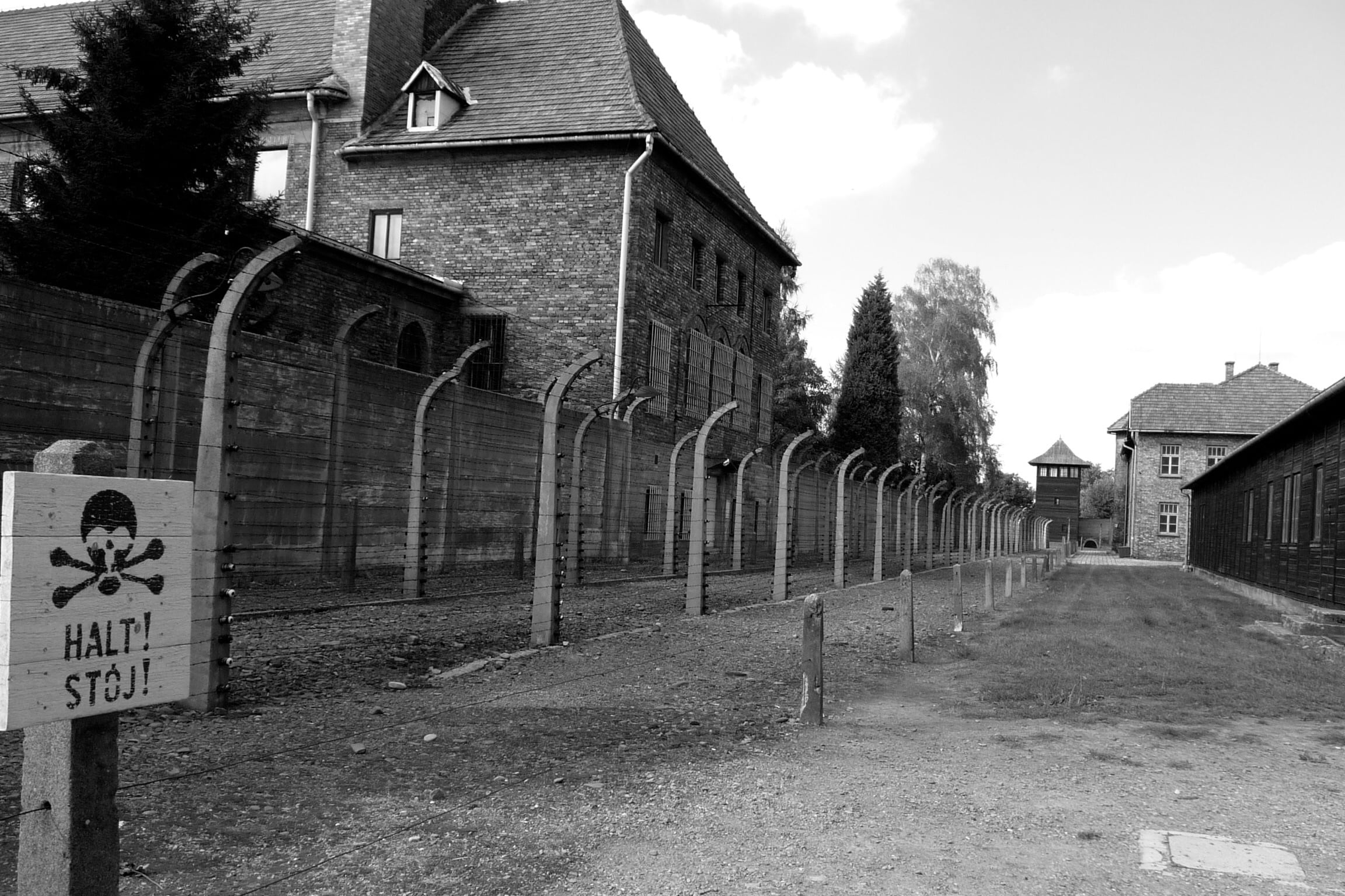 residential district, building, direction, 1080P, building exterior, concentration camp, day, auschwitz, tree, nature, sign, outdoors, text, architecture, HD Wallpaper