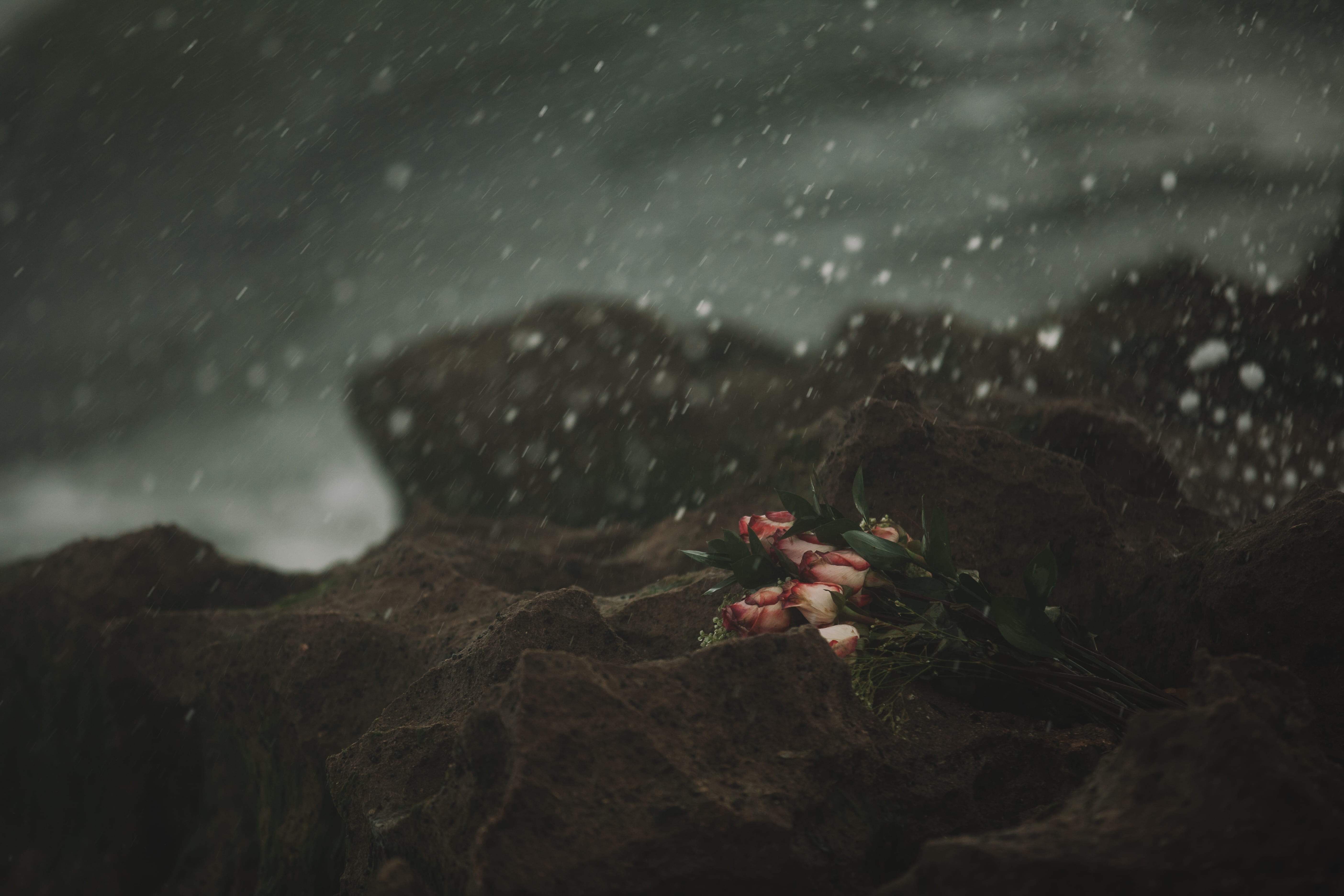 rock - object, spray, wet, sky, sadness, raindrop, death, dark, solid, water, love, rock, rocks, rain, no people, sea, snowing, selective focus, outdoors, HD Wallpaper
