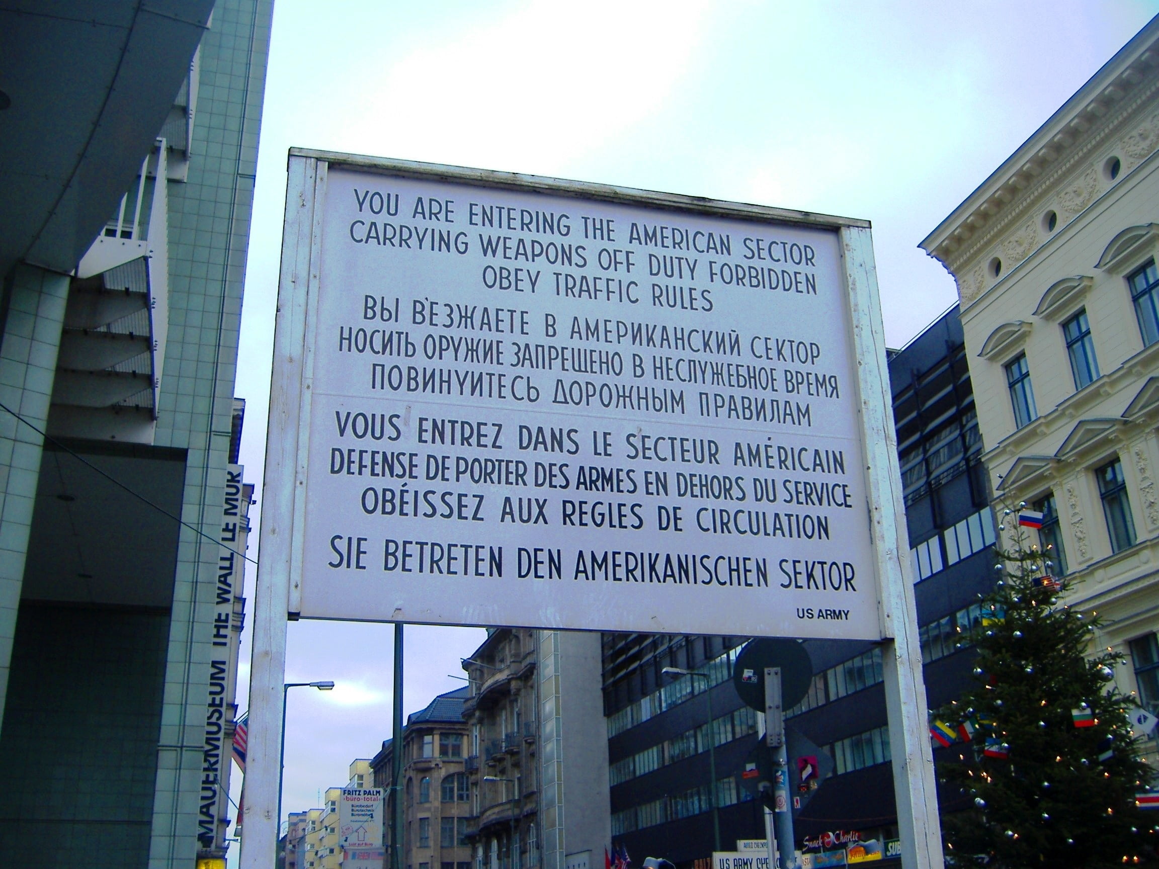 nature, deutschland, germany, western script, tree, outdoors, information, berlin border, checkpoint, day, sky, checkpoint charlie, building exterior, communication, HD Wallpaper