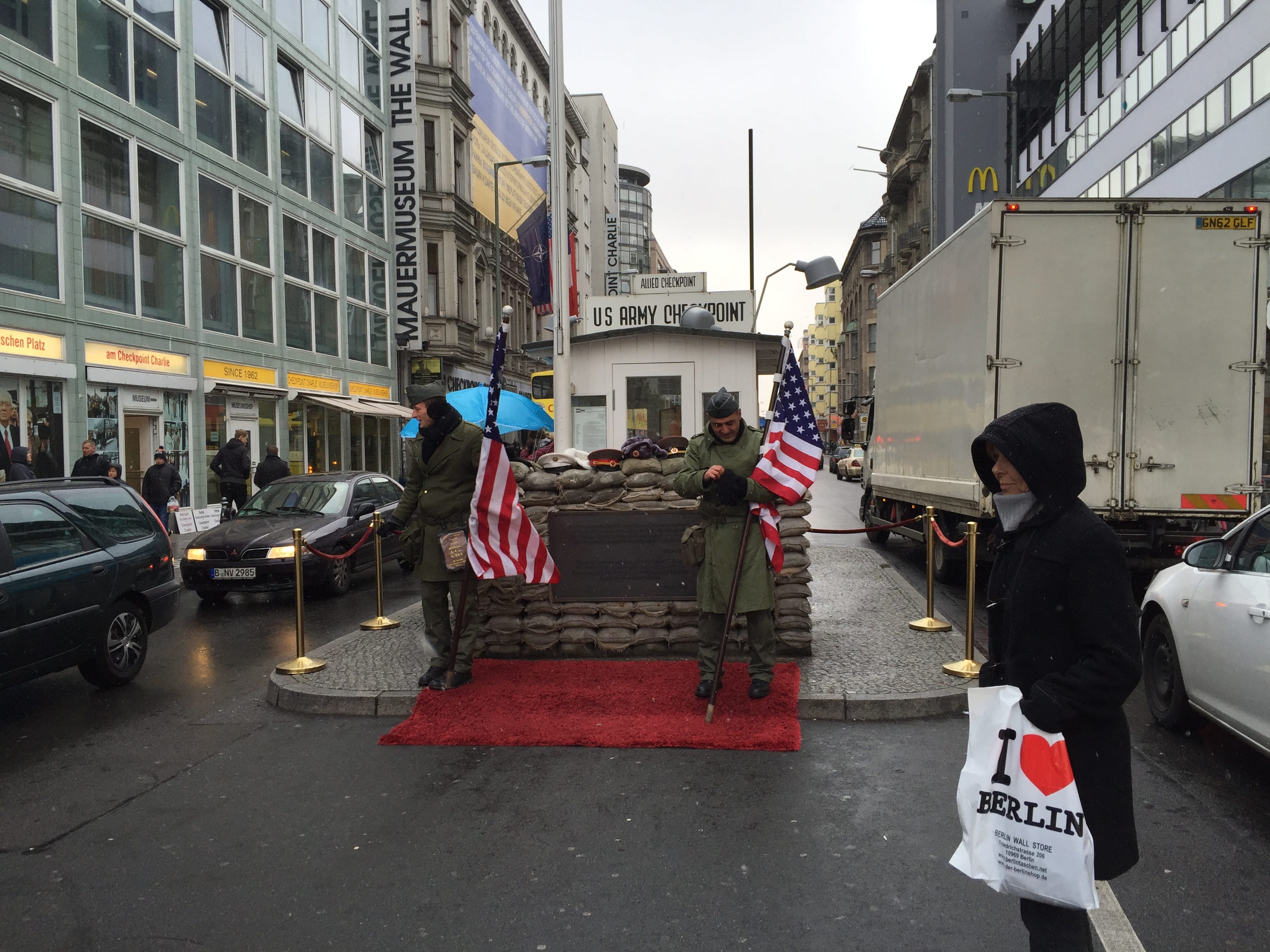 east, city, rain, checkpoint, military, history, people, city street, europe, architecture, checkpoint charlie, car, building, berlin, men, wall, motor vehicle, HD Wallpaper