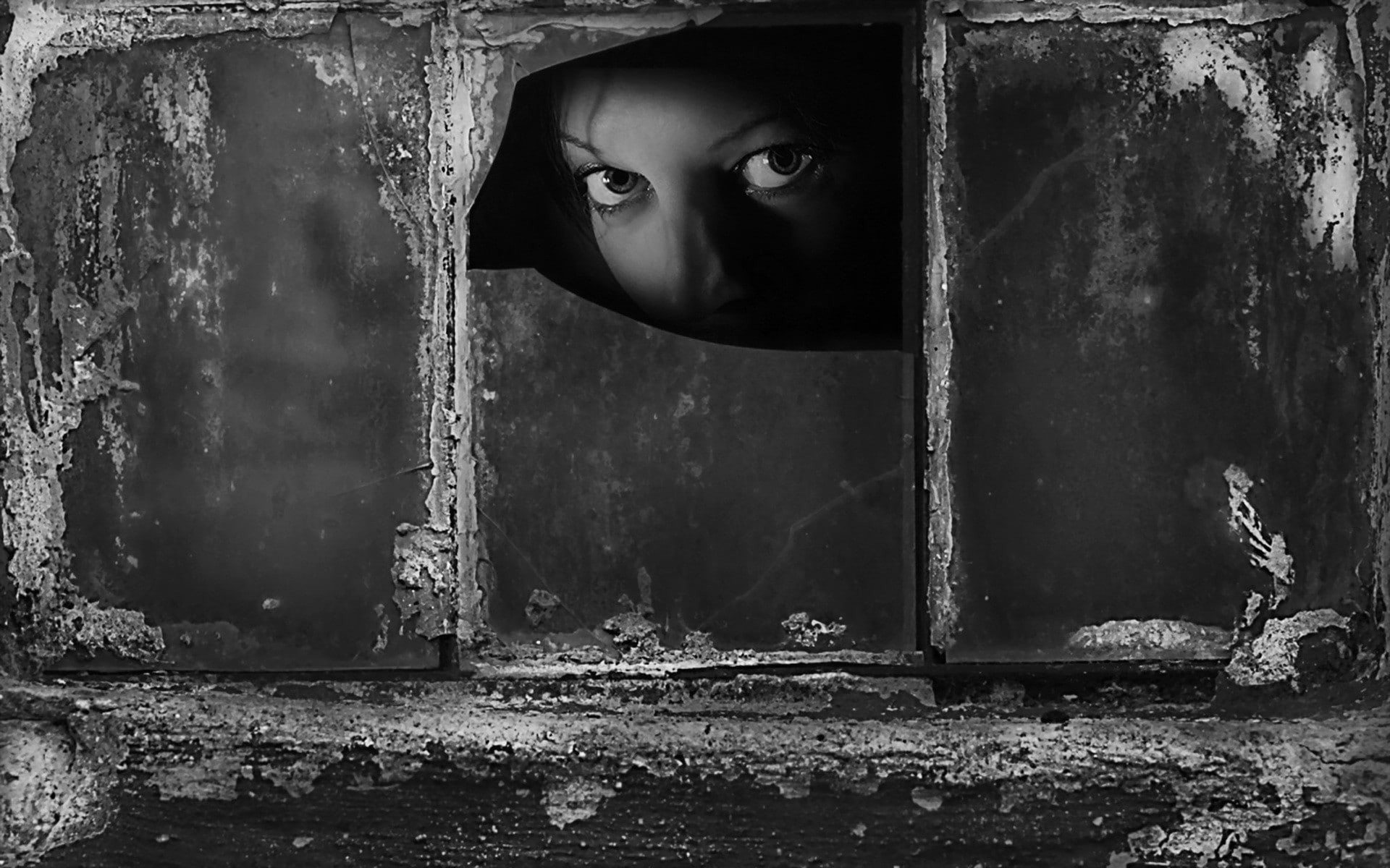 women, broken glass, face, window, eyes, 1080P, monochrome, dark, HD Wallpaper