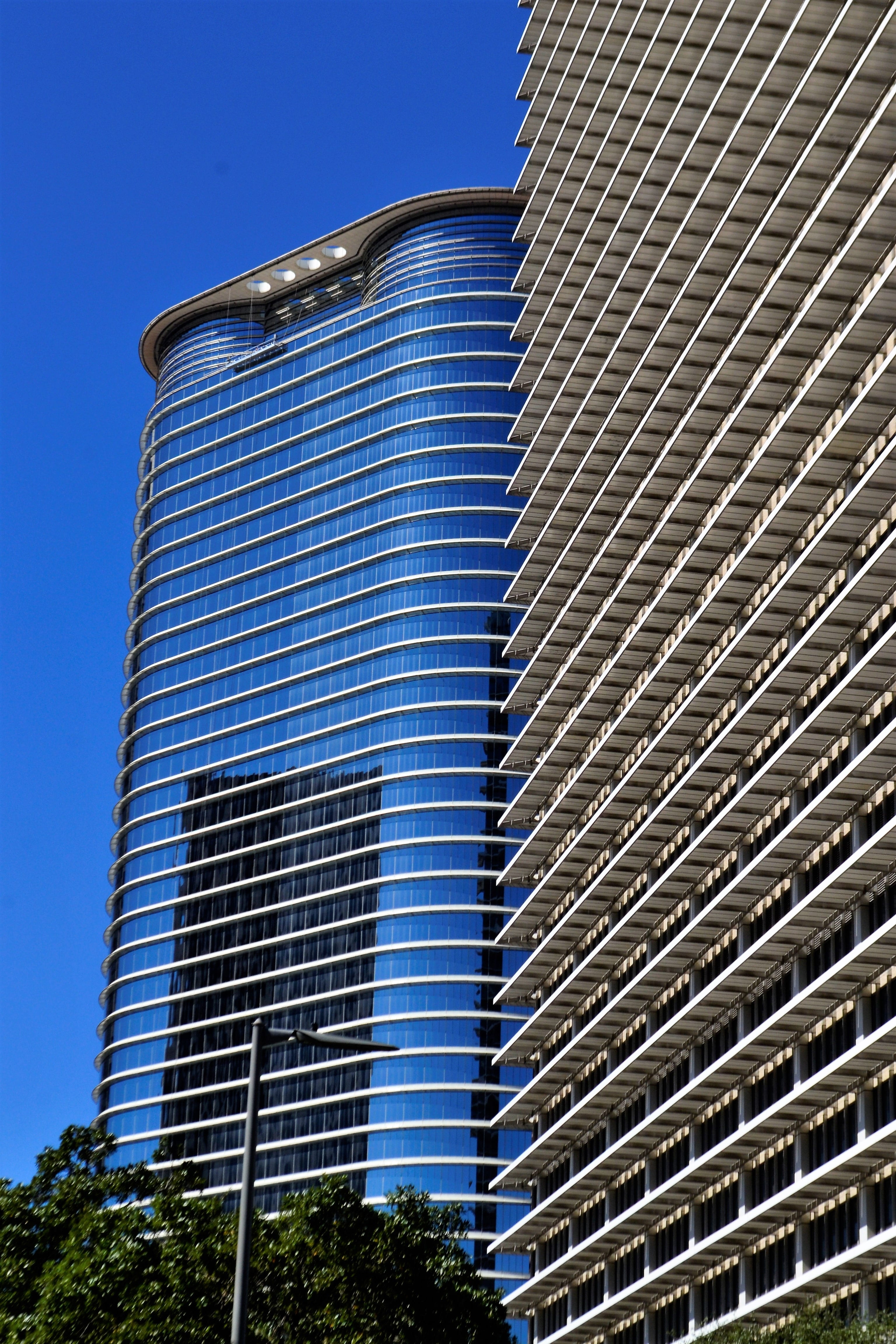 cement, building exterior, houston, downtown, reflect, skyscraper, street lamp, architecture, modern, sky, clear sky, cityscape, corporate america, buildings, Phone HD Wallpaper