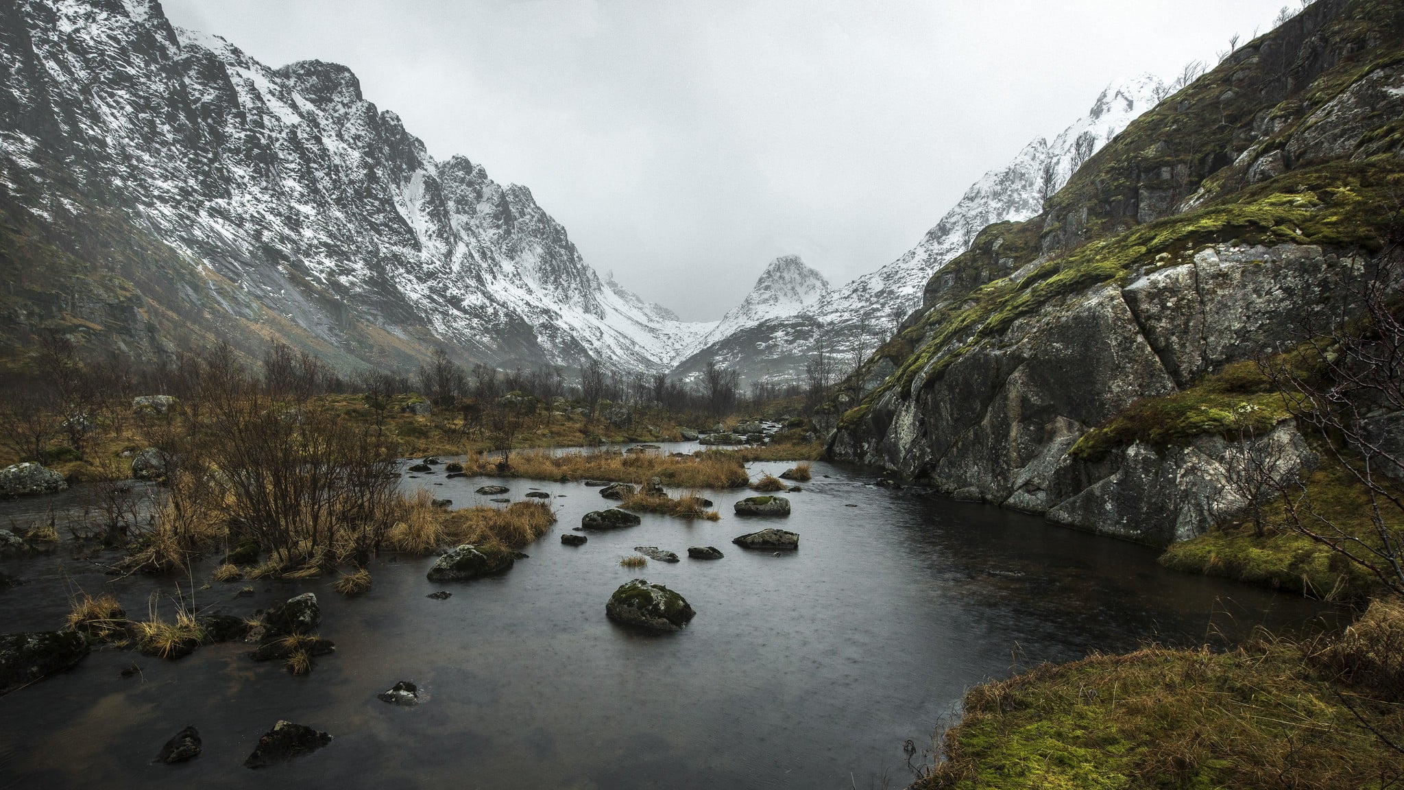 landscape, rock - object, flowing water, no people, non-urban scene, nature, black, house, river, mountain range, mountain, plant, tranquility, mountain peak, HD Wallpaper