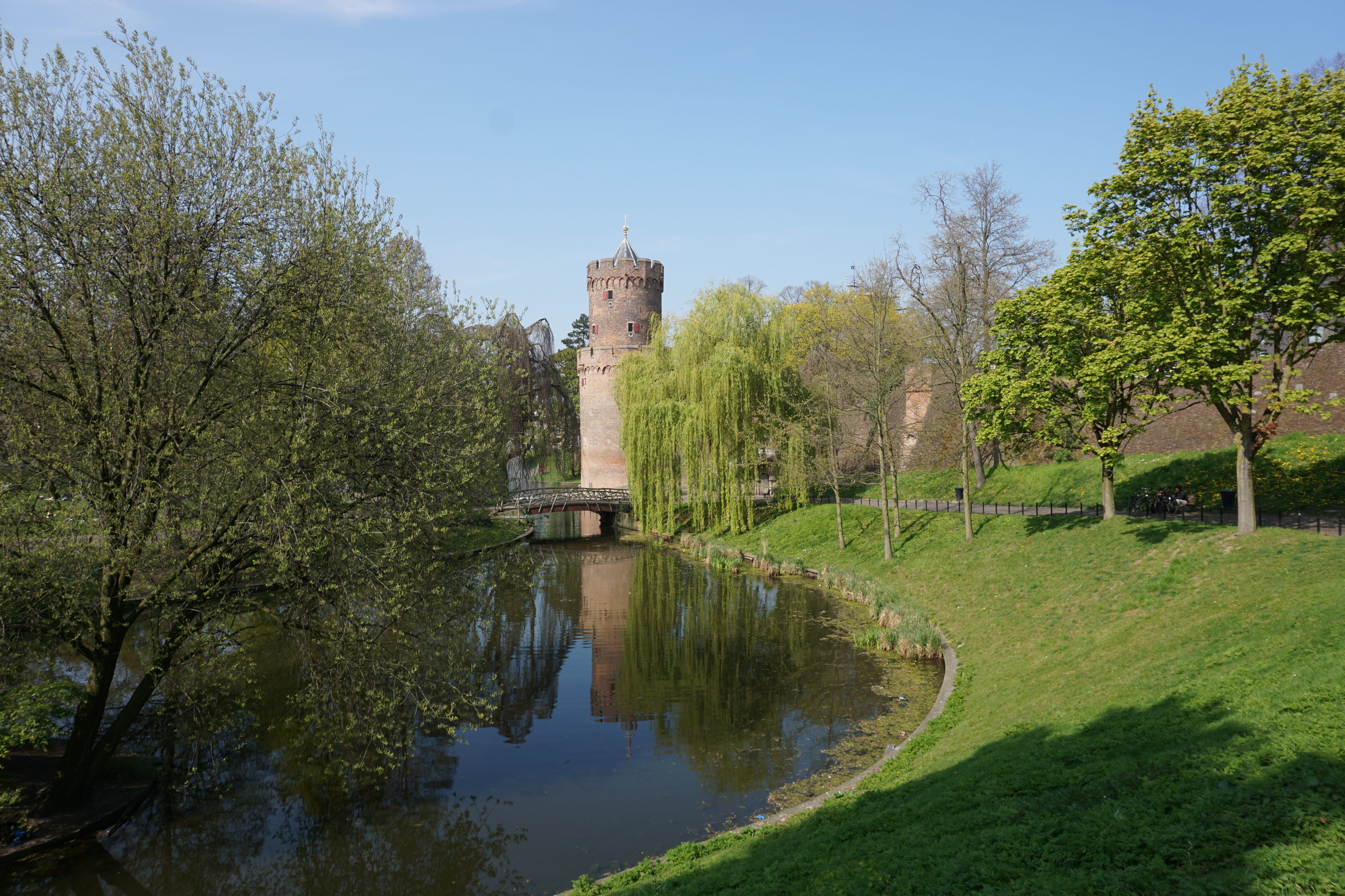 nature, tower, building exterior, sky, tree, outdoors, nijmegen, defensive tower, grass, bridge, growth, building, water, 5K, lake, architecture, day, HD Wallpaper