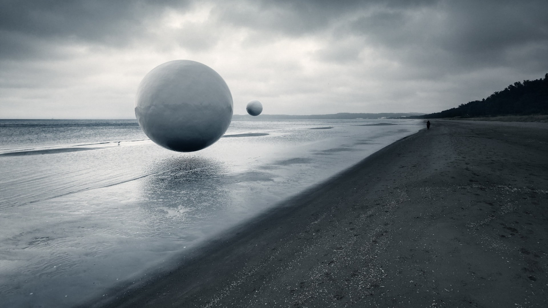 1080P, beach, clouds, overcast, coast, photo manipulation, landscape, artwork, water, people, ball, nature, monochrome, sea, trees, alone, forest, sand, HD Wallpaper