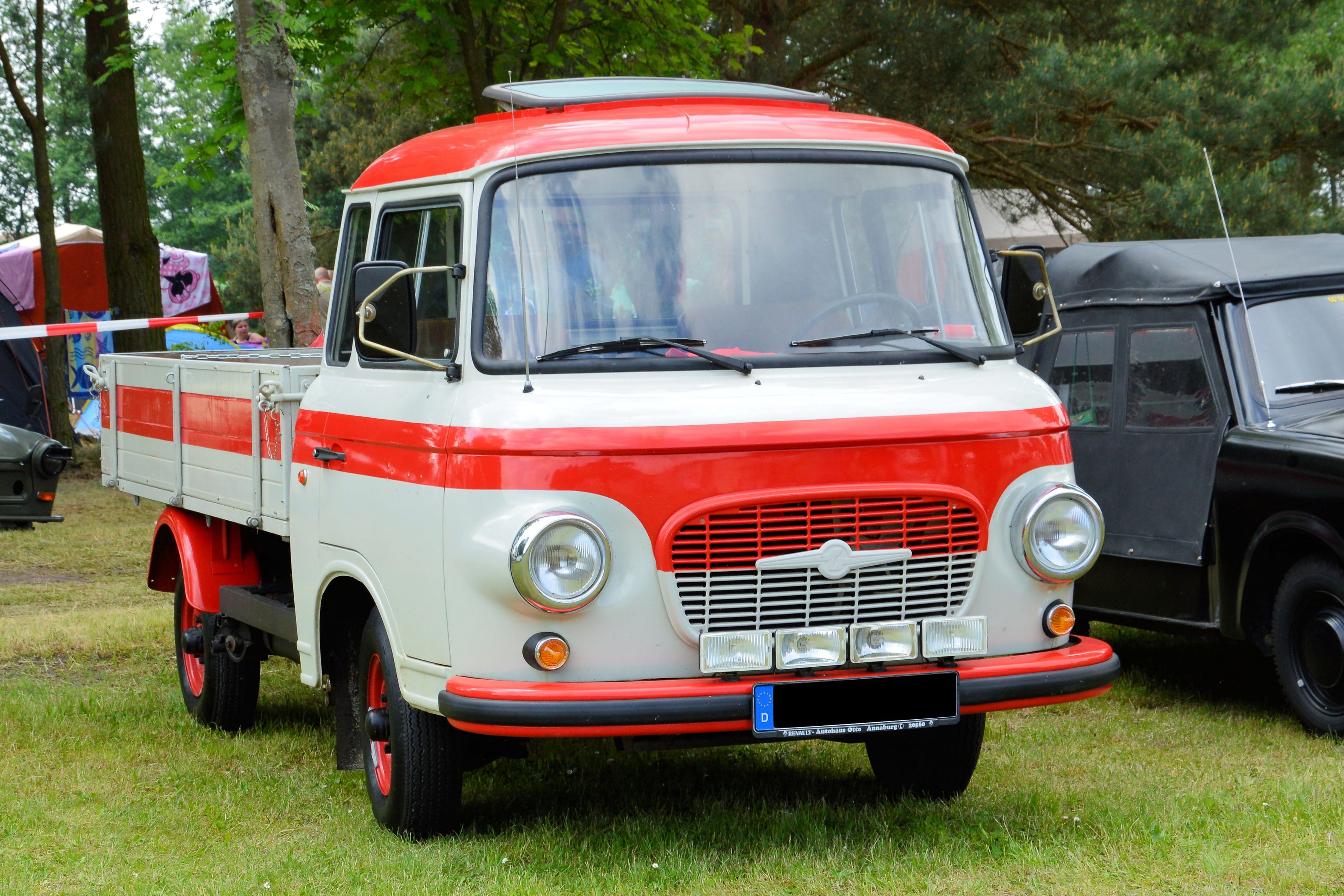 land, tree, van - vehicle, land vehicle, B1000, barkas b1000, Historically, grass, red, transportation, Auto, platform truck, commercial land vehicle, east germany, HD Wallpaper