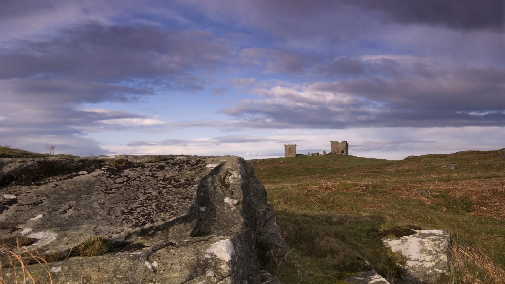 outdoors, solid, landscape, UK, day, rock, clouds, land, architecture, tranquility, non-urban scene, Scotland, cloud - sky, rock - object, field, ruin, HD Wallpaper