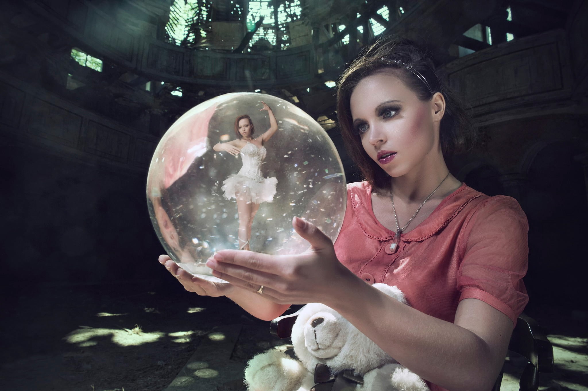 front view, beauty, indoors, digital composite, crystal ball, women, young women, one person, space, holding, women model brunette long hair women outdoors open mouth sphere ball ballerina teddy bears photo manipulation, HD Wallpaper