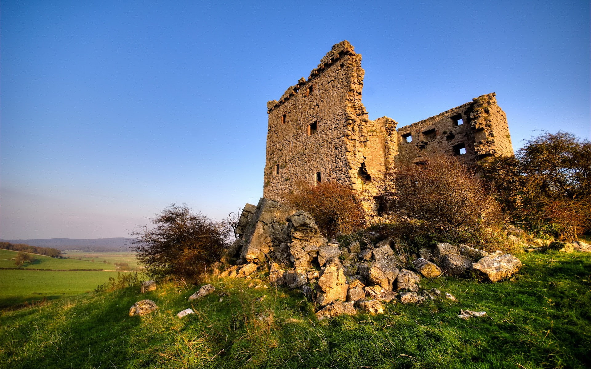 castle, rock, 1080P, landscape, field, ruin, HD Wallpaper