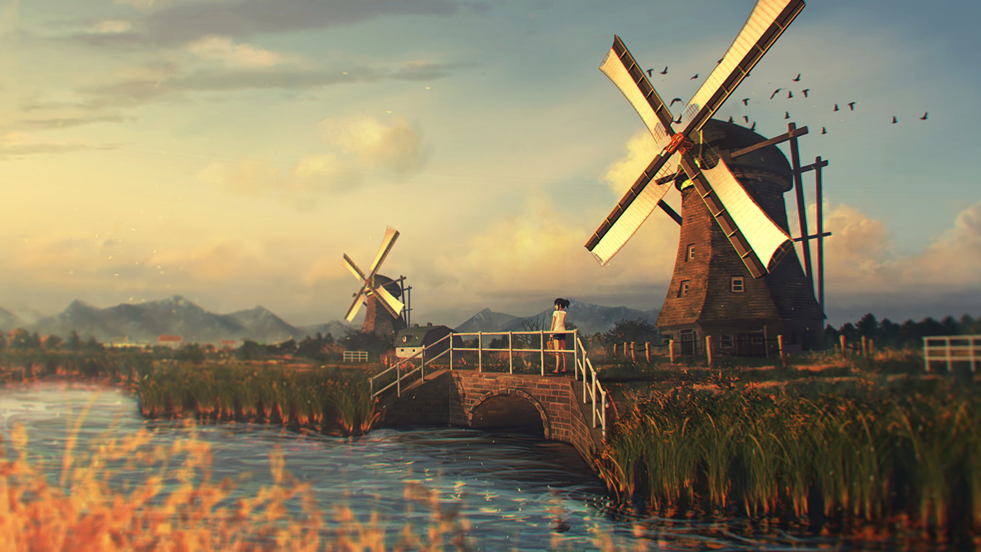 turbine, 1080P, fuel and power generation, sunset, anime, anime girls, environmental conservation, environment, artwork, wind power, water, wind turbine, HD Wallpaper