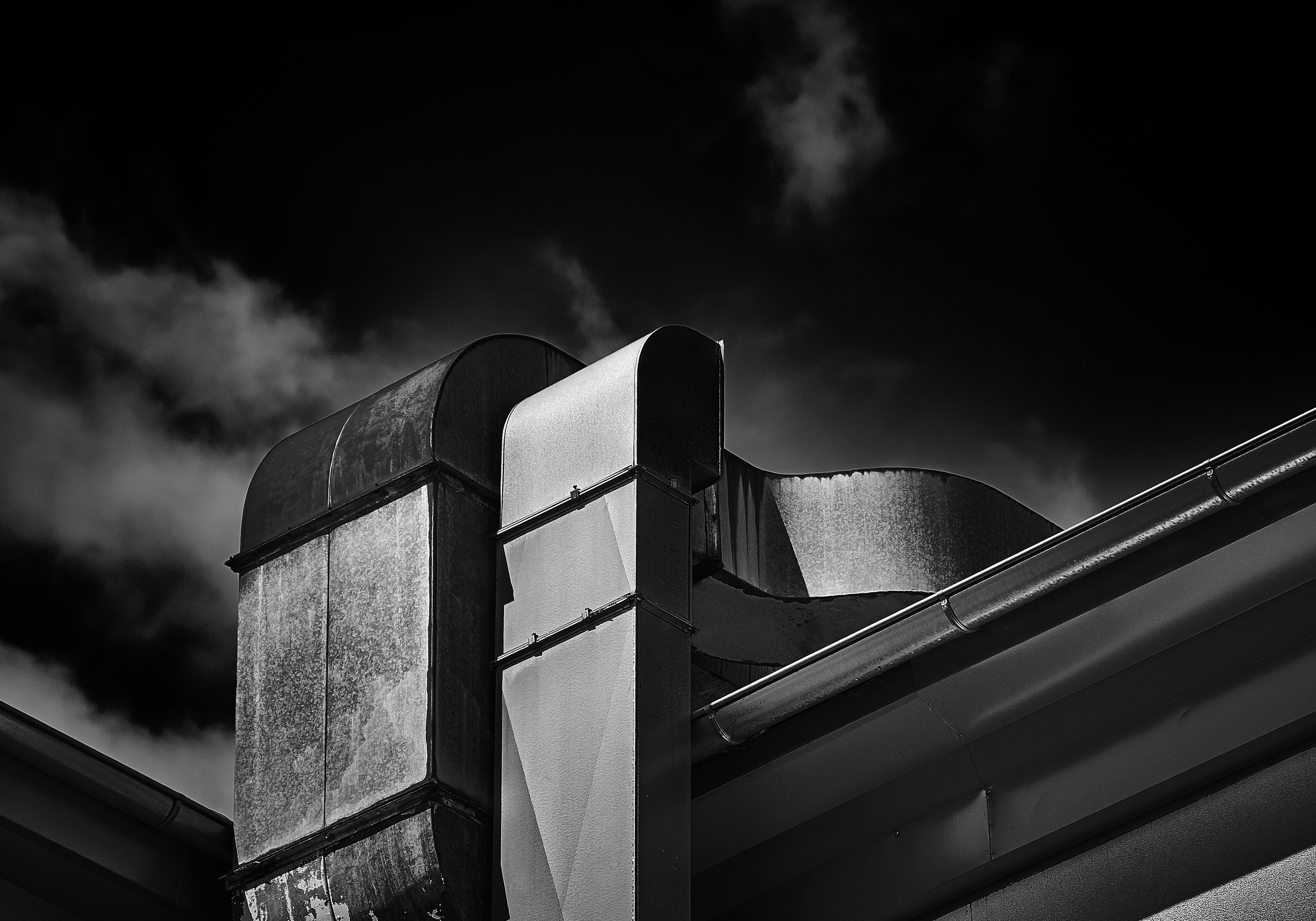vehicle, car, low angle view, brick, automobile, weather, tower, building, no people, water tower - storage tank, 2K, black, technology, architecture, HD Wallpaper