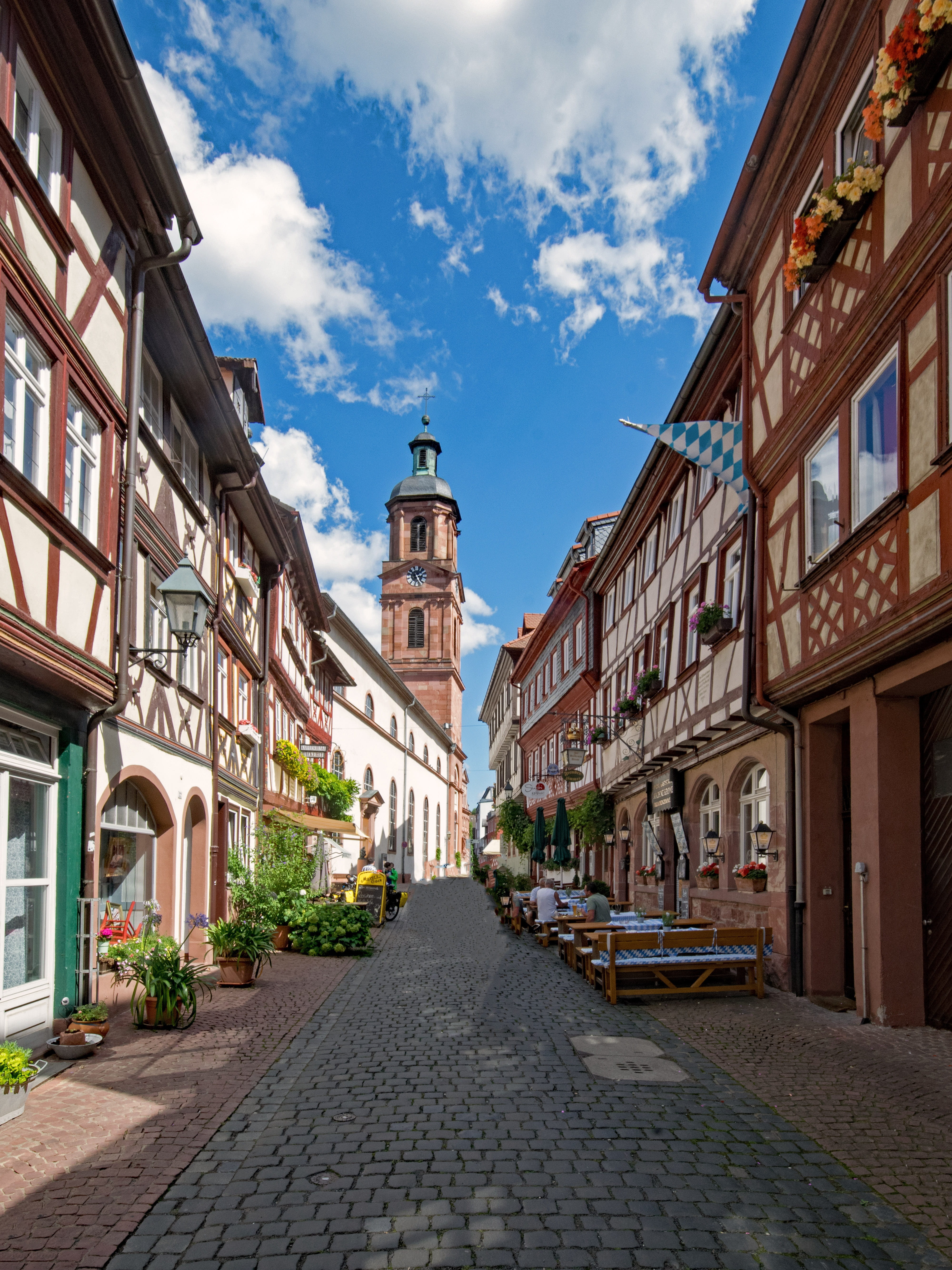 odenwald, truss, places of interest, day, bavaria, sunlight, town, old town, built structure, sky, window, outdoors, direction, cobblestone, footpath, 5K, Phone HD Wallpaper