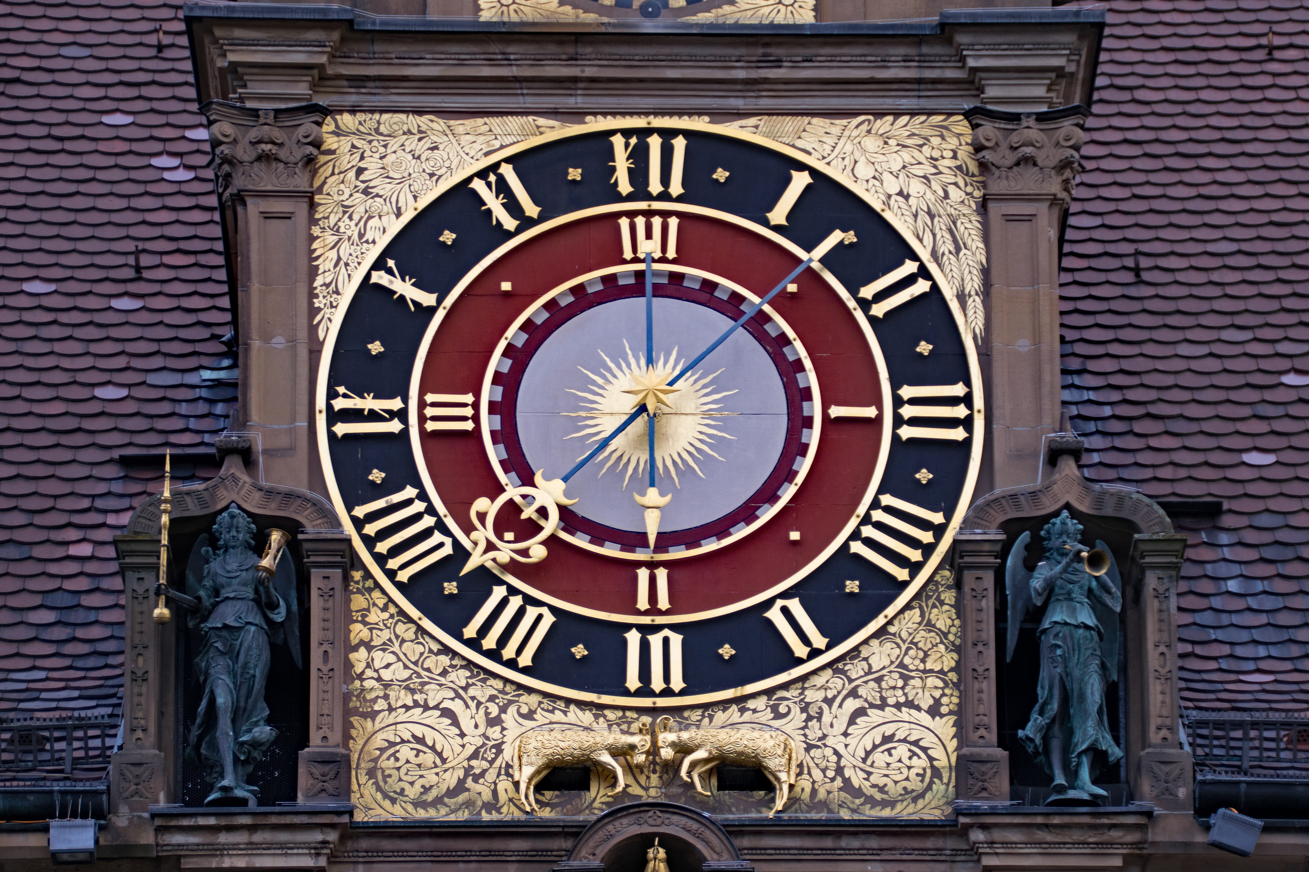 low angle view, baden württemberg, no people, tower, roman, building exterior, circle, wall clock, clock, minute hand, astrology sign, old town hall, astronomy, HD Wallpaper