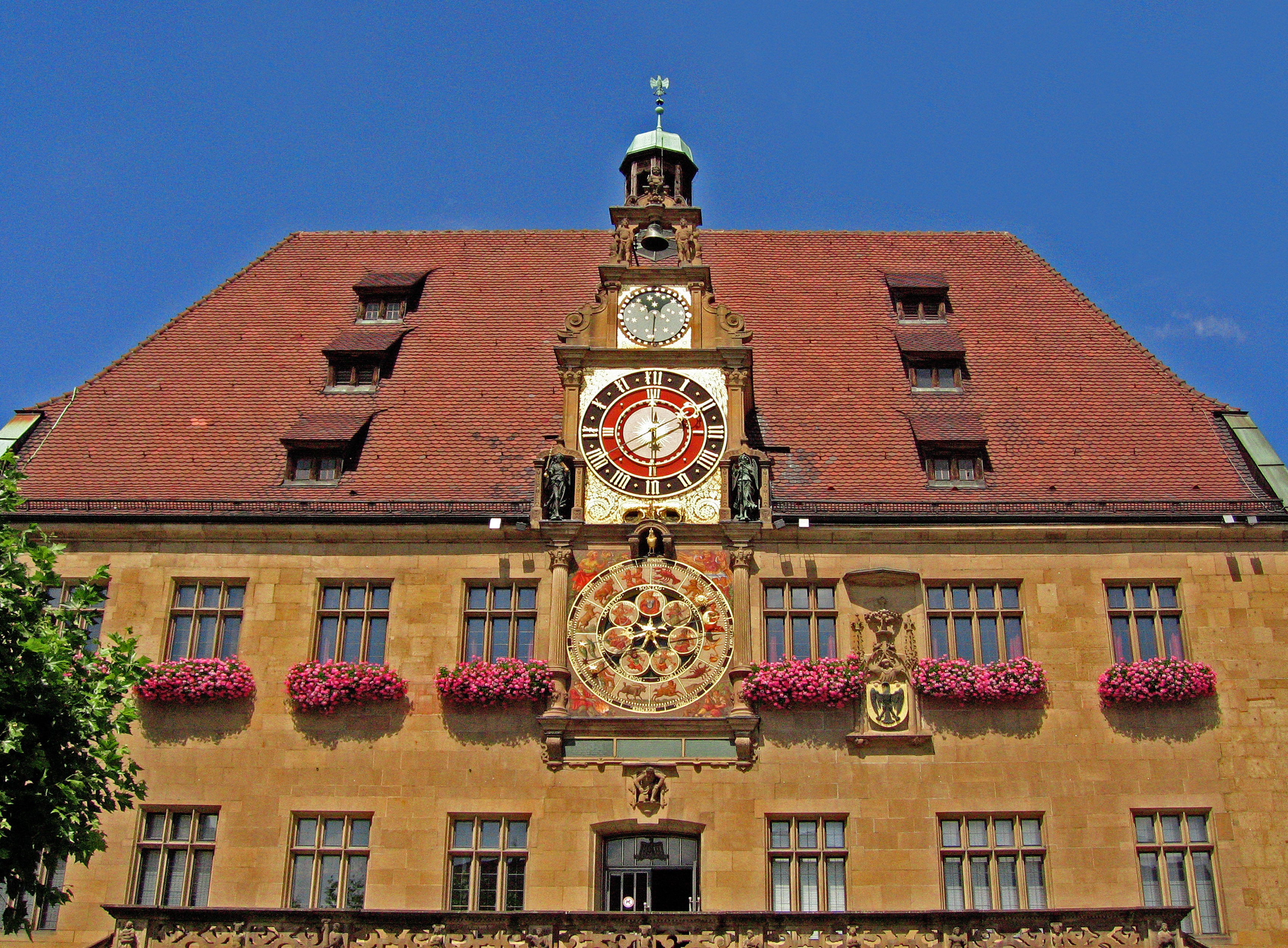 figure, built structure, no people, old town, low angle view, town hall, 2K, history, clear sky, watermark, blue, sky, building exterior, clock face, tower, HD Wallpaper