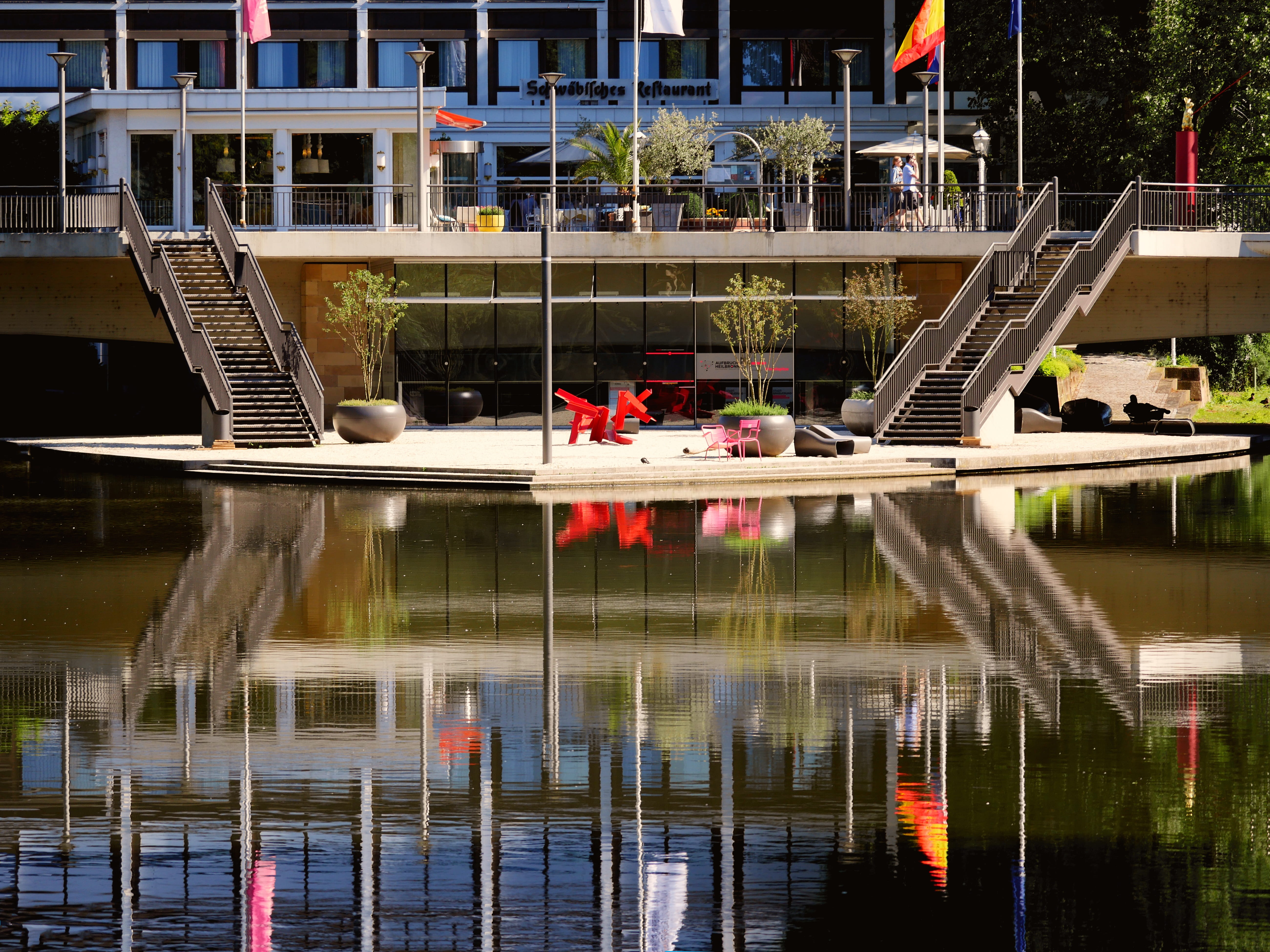 lake, relax, chill out, day, River, building exterior, local recreation, Summer, island top, building, Bridge, outdoors, no people, neckar, mirroring, waterfront, HD Wallpaper