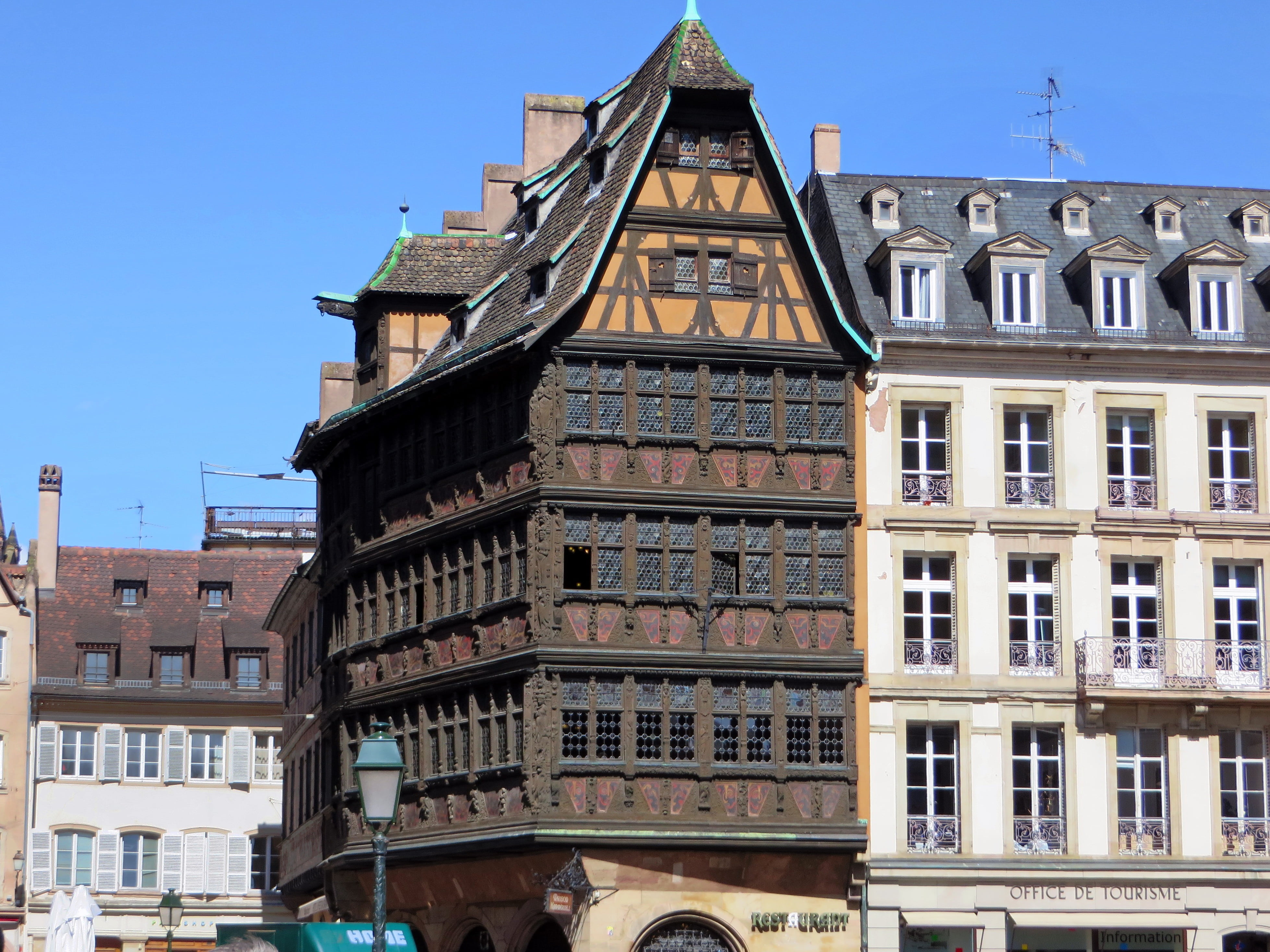 old houses, day, building exterior, alsace, outdoors, the past, sky, 4K, studs, city, blue, tower, history, travel destinations, facade, sunlight, built structure, HD Wallpaper