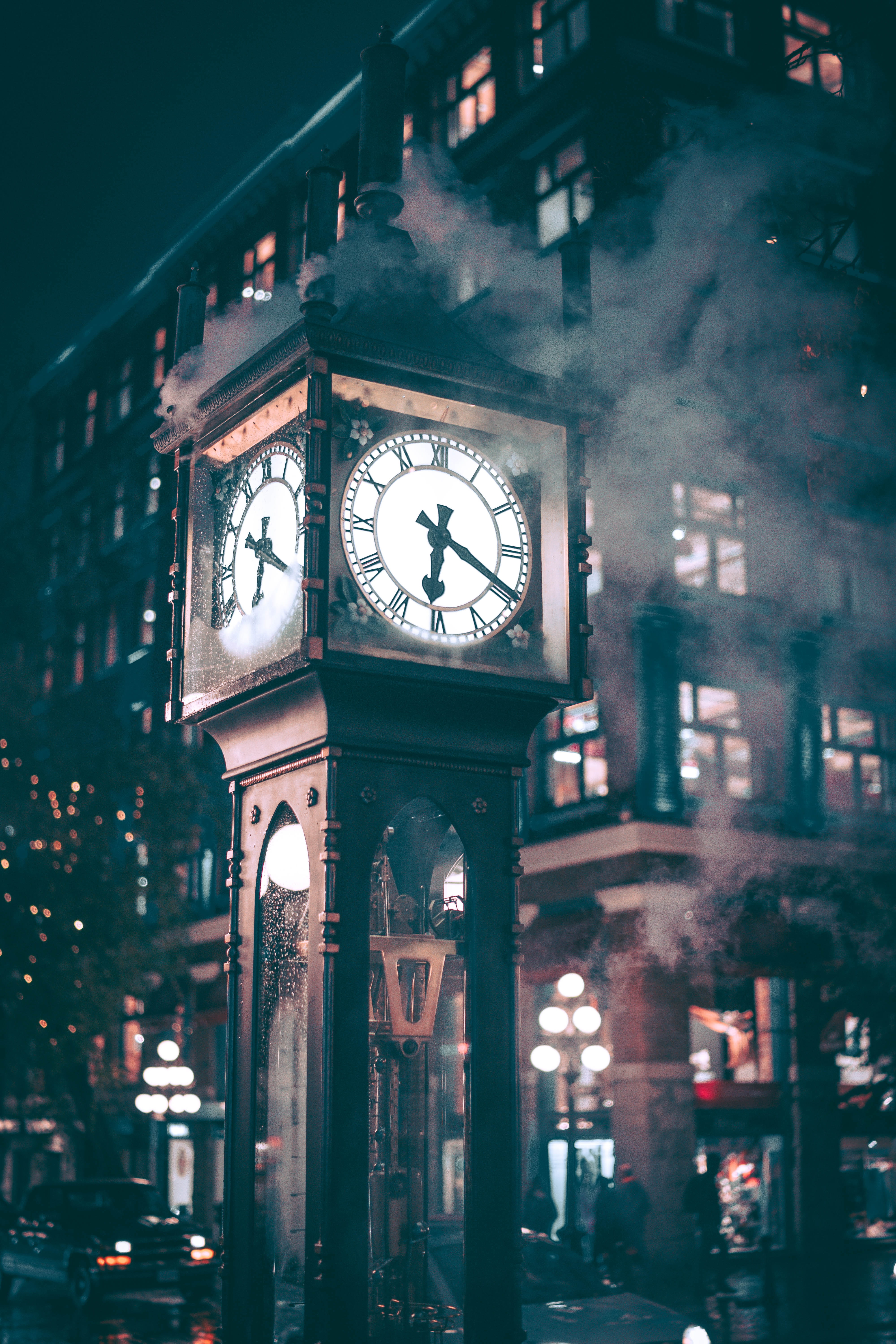 low, gastown, building exterior, selective focus, smoke, built structure, concrete, watchtower, night, low angle view, time, street, illuminated, brown, Phone HD Wallpaper