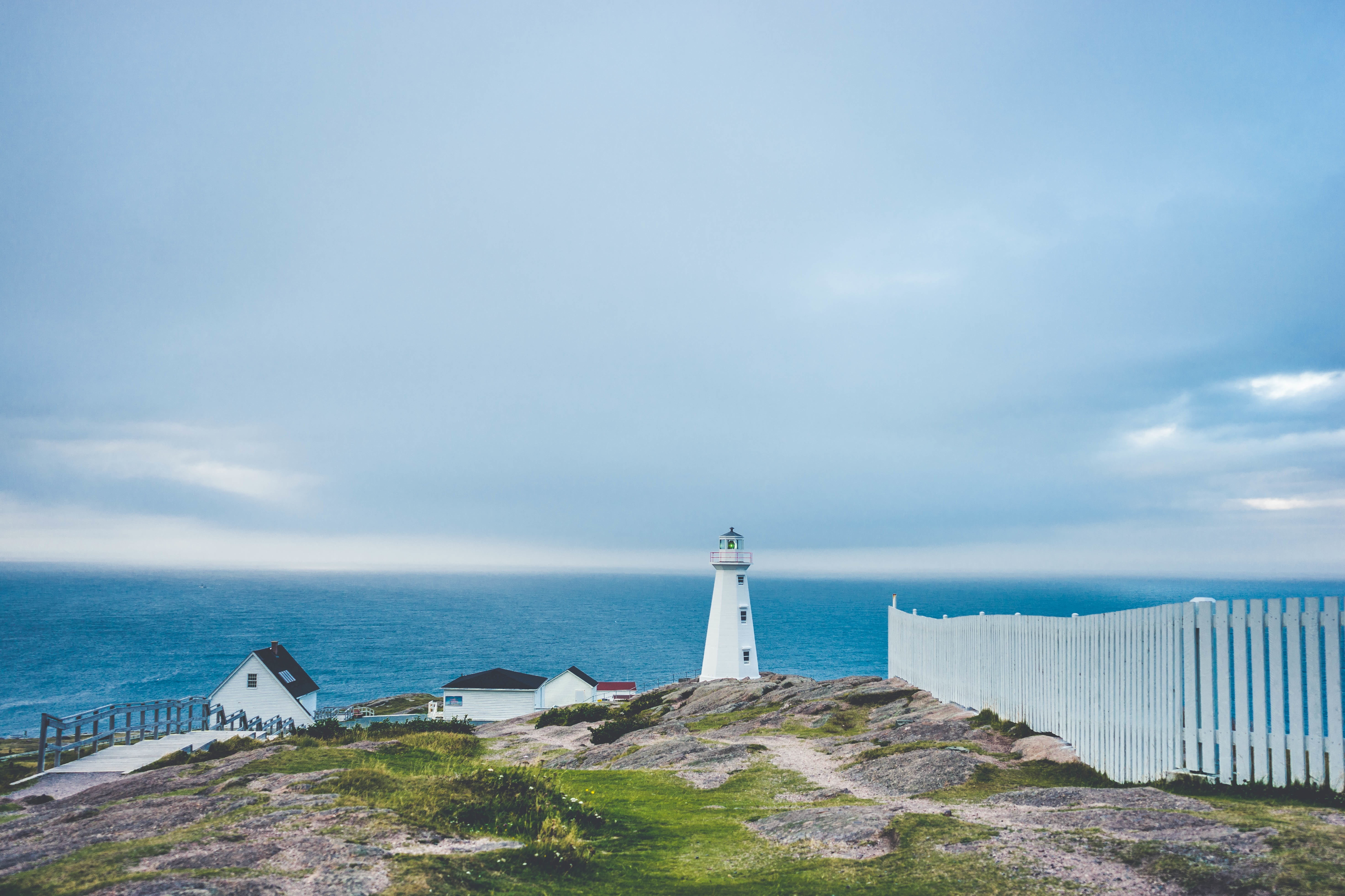 ocean, outdoors, building, safety, symbol, white, water, scenic, land, sky, blue, sea, direction, fence, guidance, historic, light, building exterior, nautical, HD Wallpaper