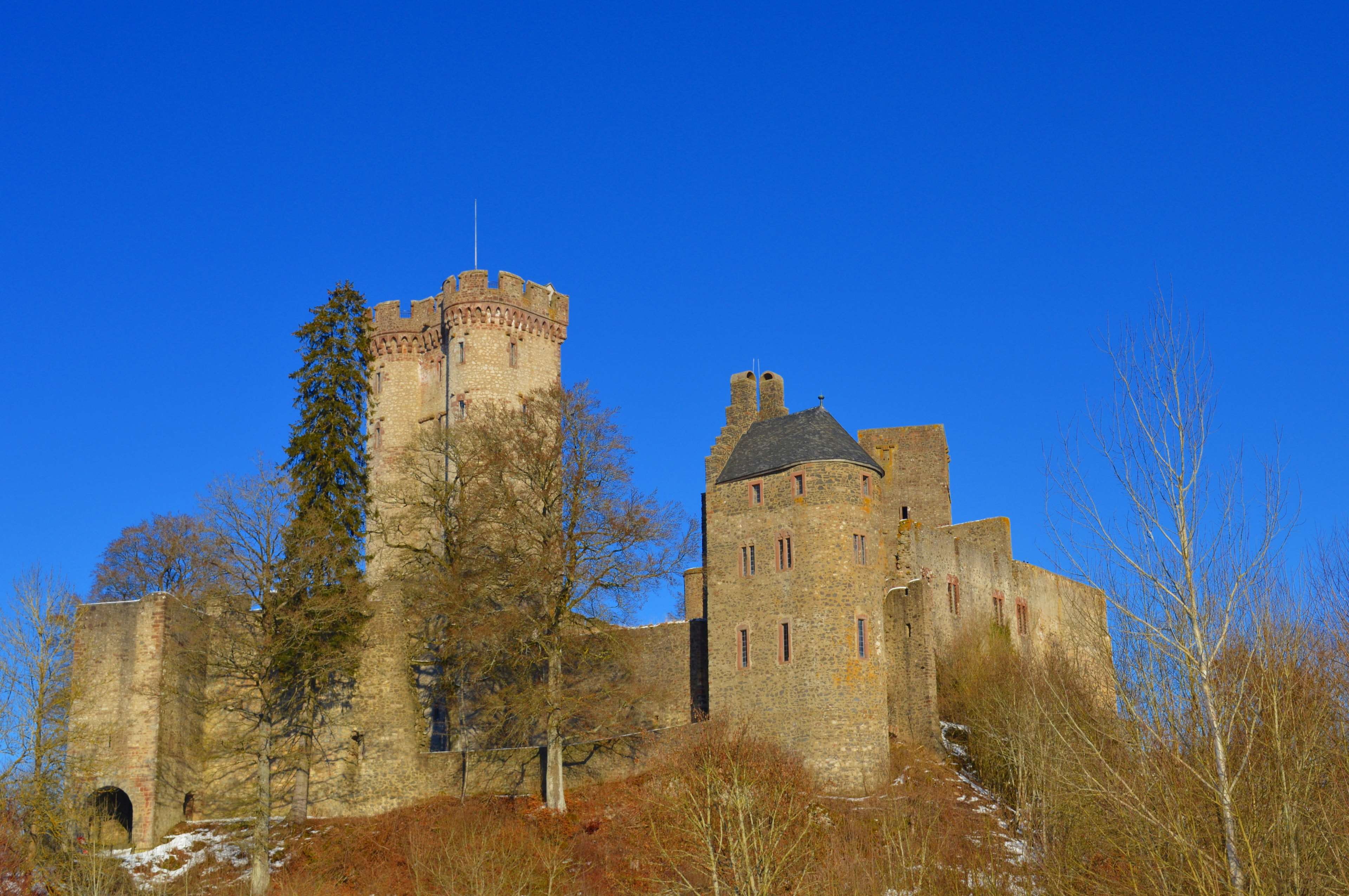 architecture, built structure, battlements, watchtower, ruined, tower, building exterior, sky, 4K, nature, building, fort, blue, old, low angle view, medieval, HD Wallpaper