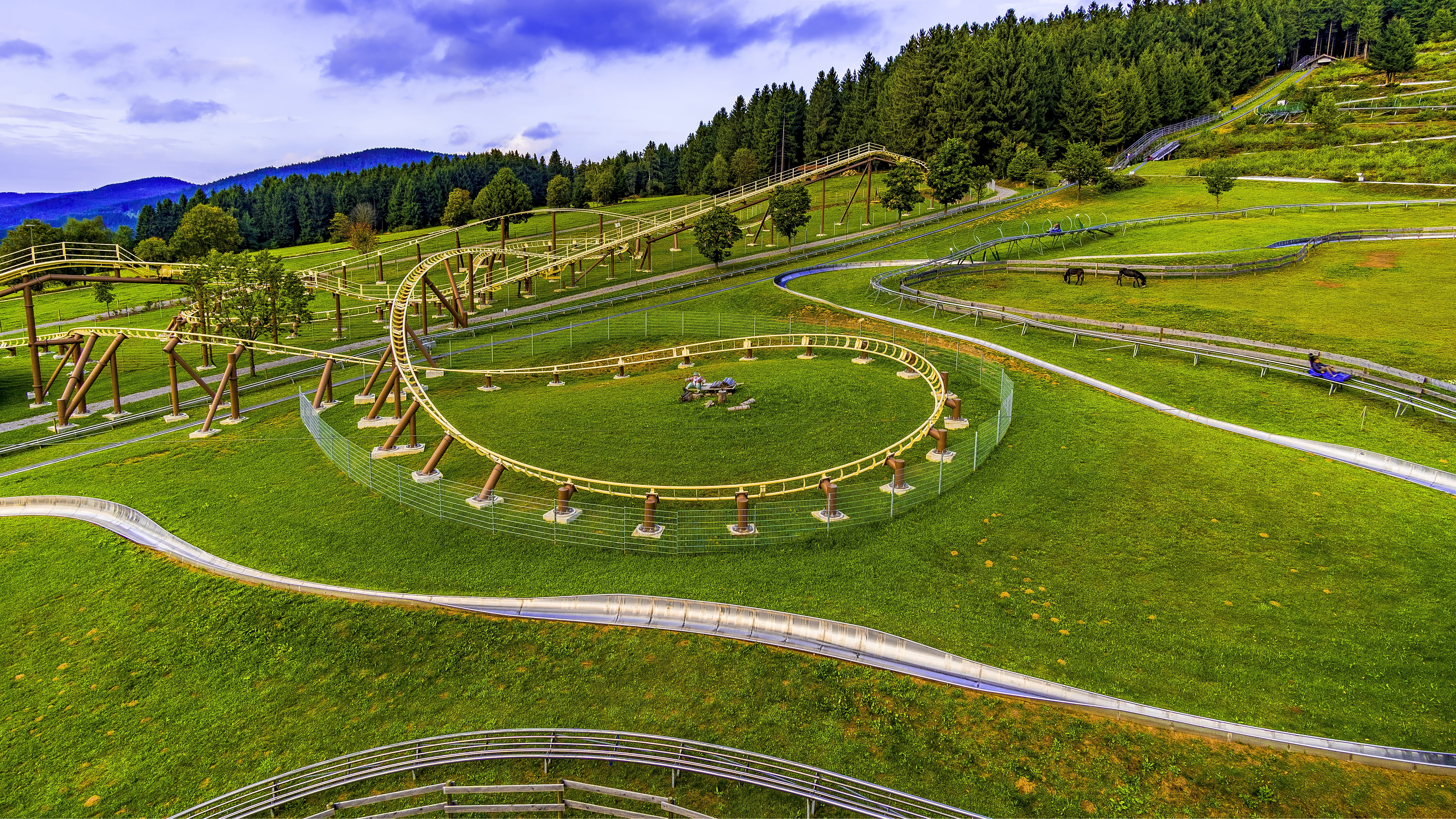 view, plant, bavarian forest, toboggan, 5K, field, nature, scenics - nature, summer toboggan run, grass, outlook, tranquil scene, beauty in nature, train, HD Wallpaper