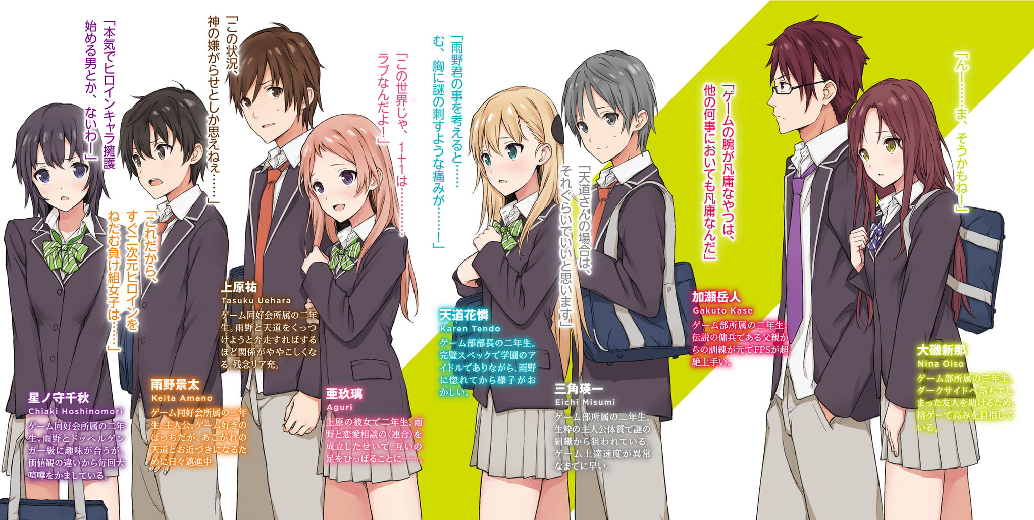 panoramic, Hoshinomori Chiaki, people, fashion, Amano Keita, Anime: Gamers!, men, young adult, in a row, text, variation, human representation, female likeness, HD Wallpaper
