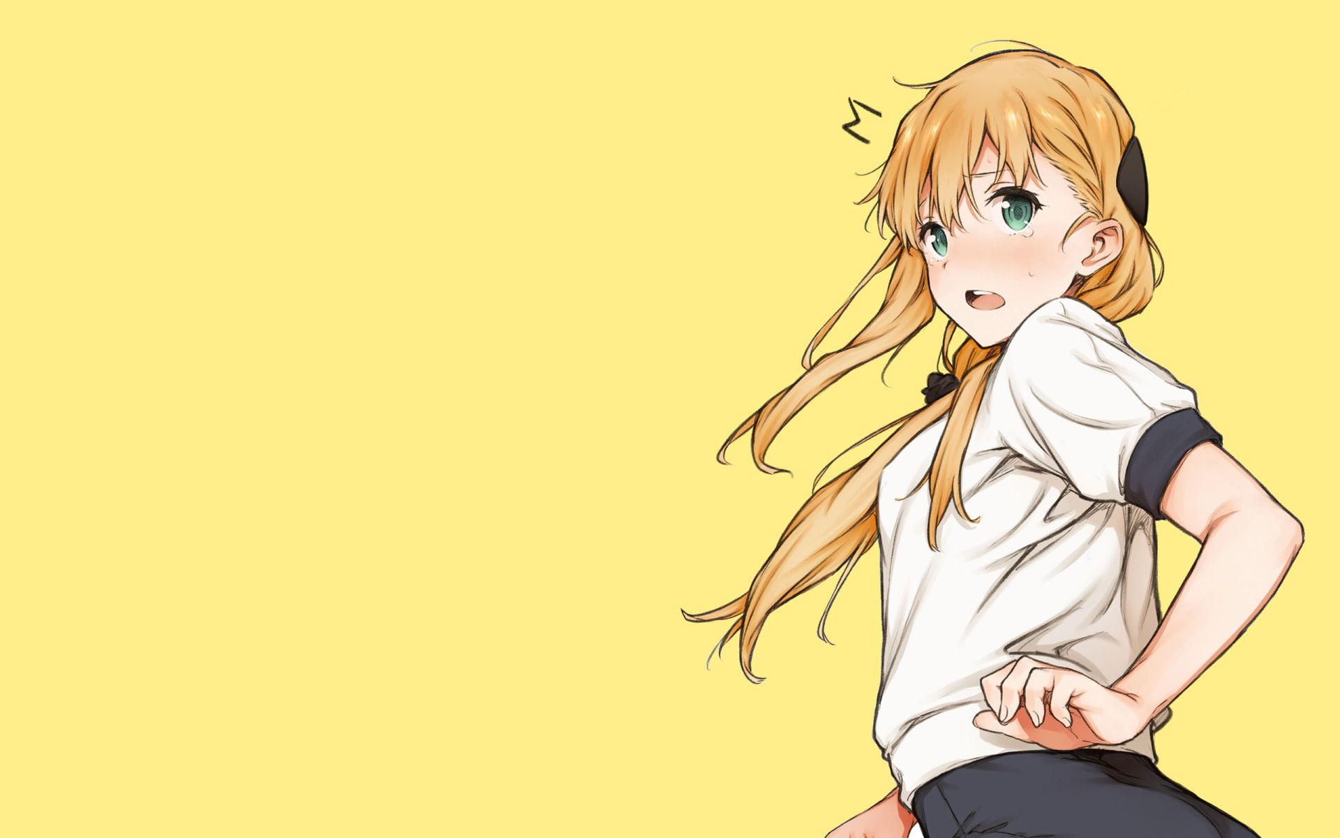 blond hair, women, studio shot, Anime, beauty, Gamers!, representation, looking at camera, indoors, yellow, colored background, copy space, 1080P, young adult, HD Wallpaper