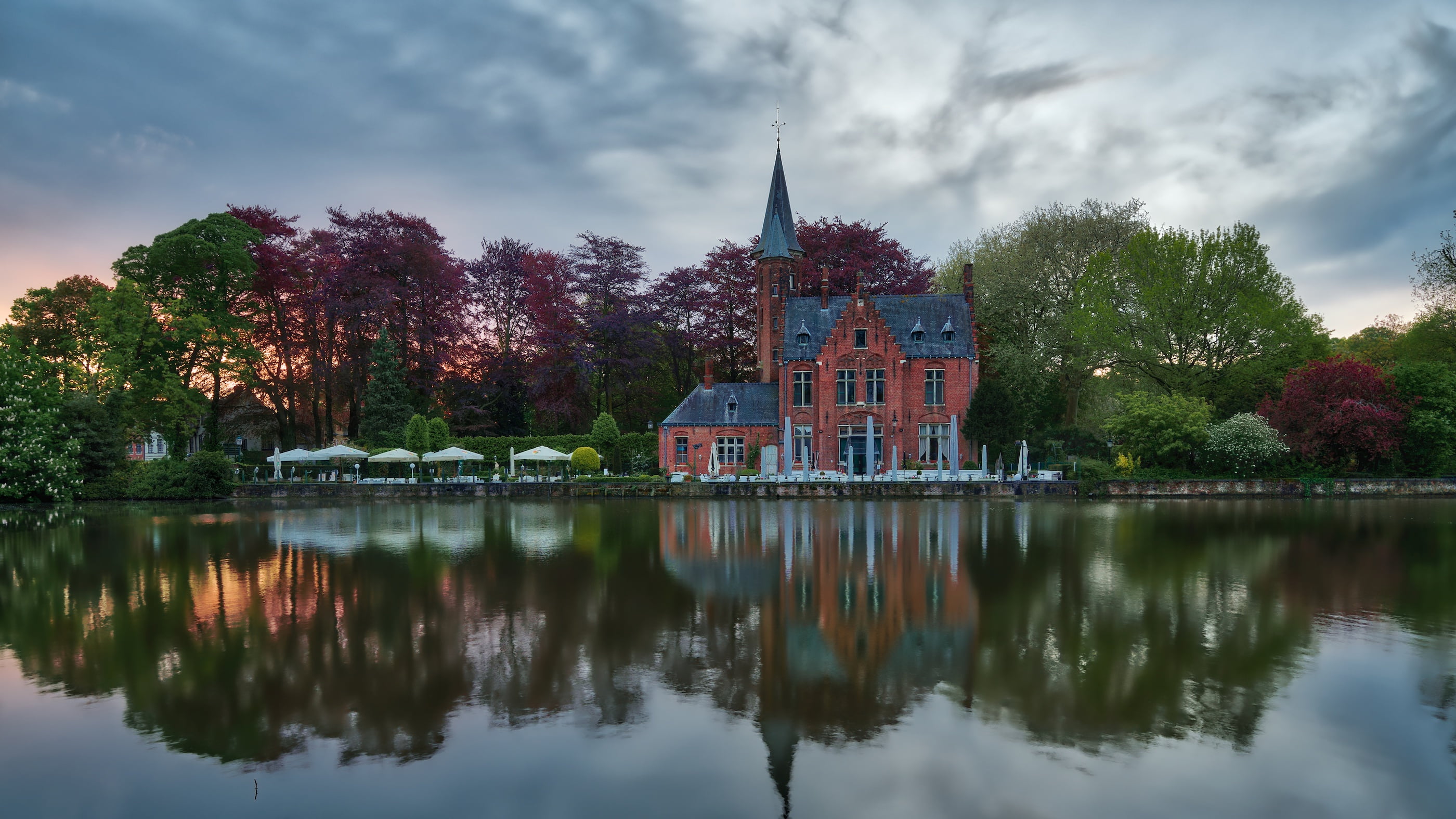 restaurant, Belgium, pond, nature, reflection, Bruges, the city, 2K, the building, twilight, landscape, HD Wallpaper