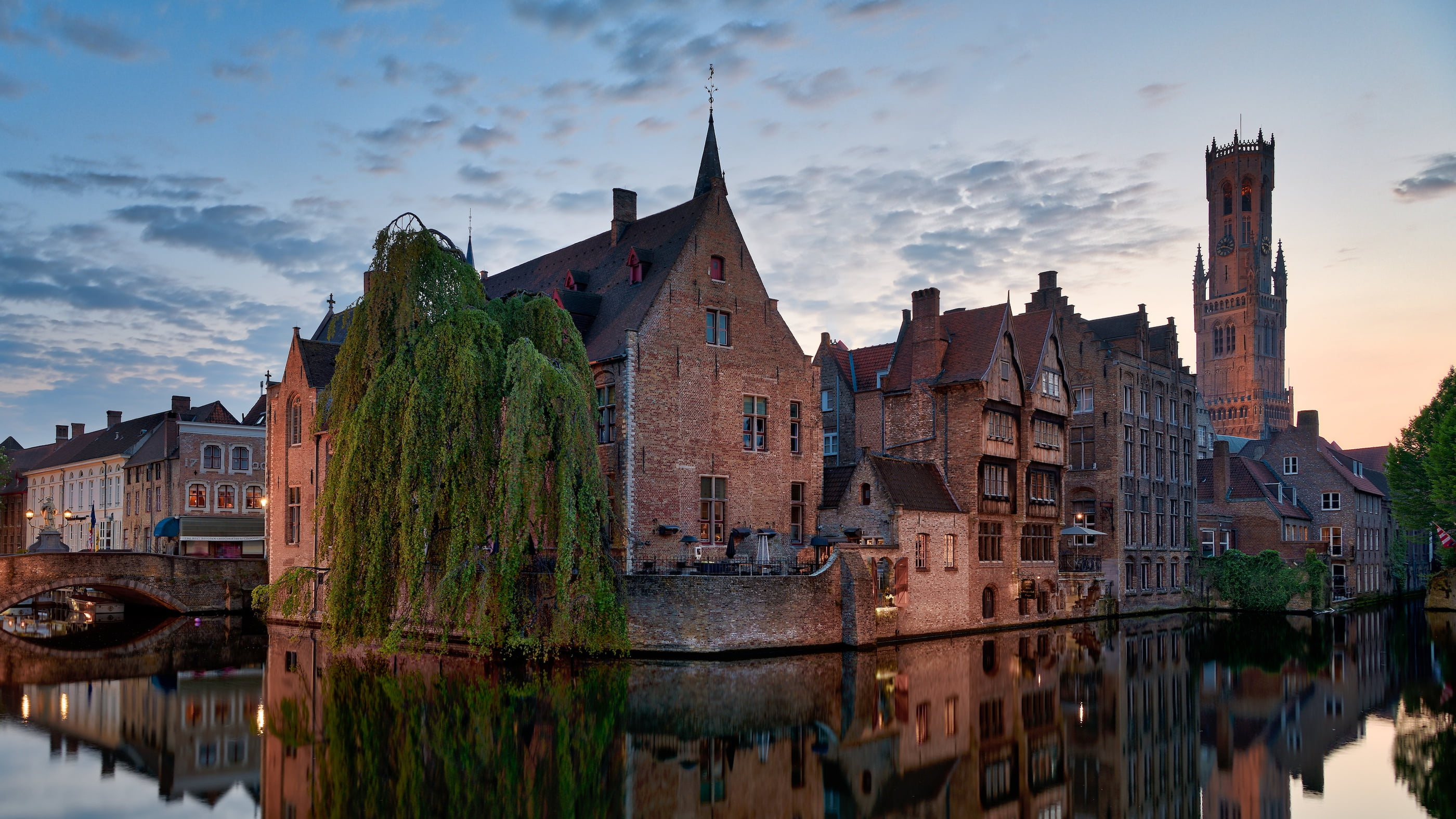 home, building, Bruges, Belgium, reflection, twilight, channel, the evening, tree, the city, 2K, HD Wallpaper