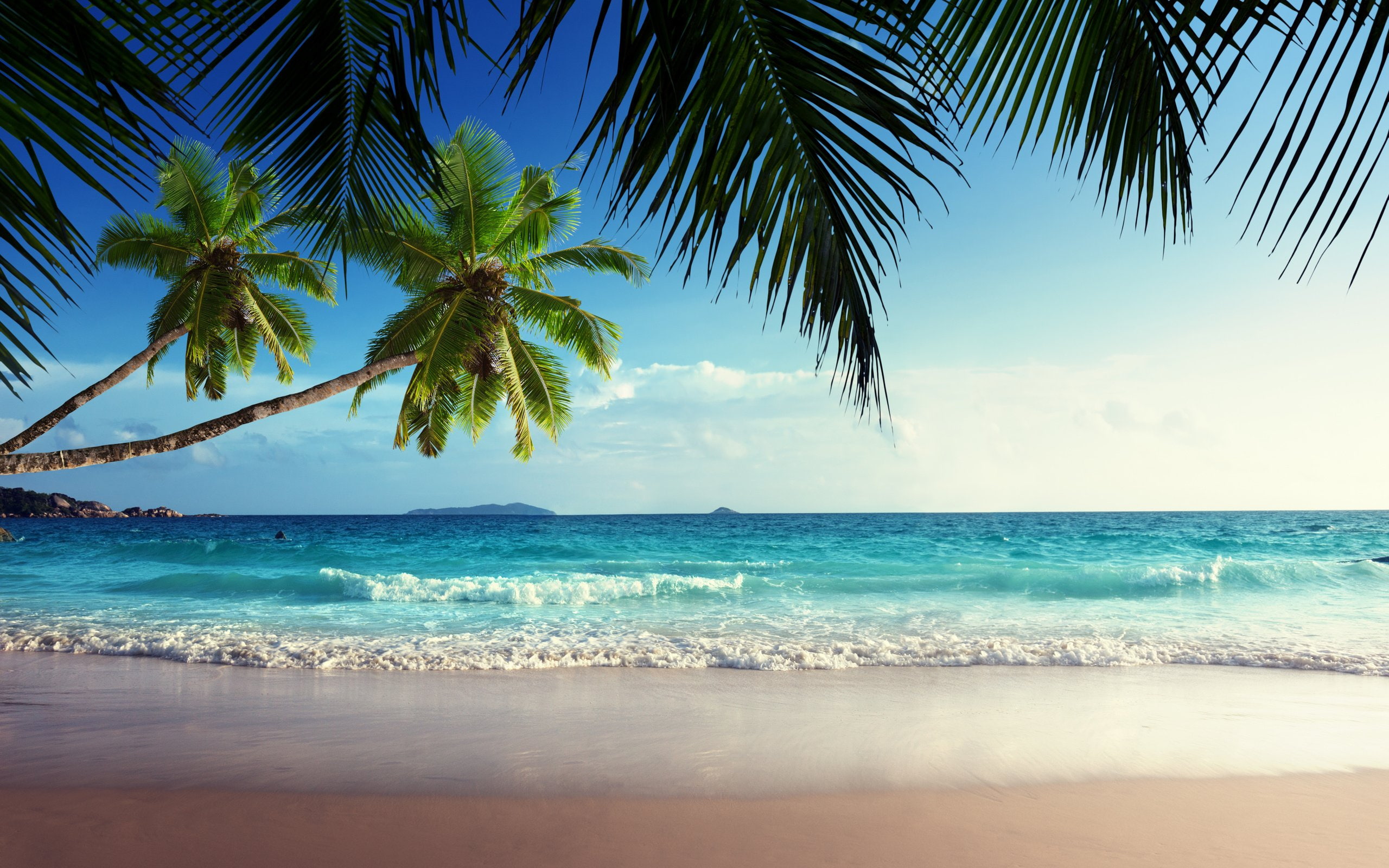 blue, sea, tropical, coast, paradise, 2K, sky, sunshine, emerald, beach, HD Wallpaper