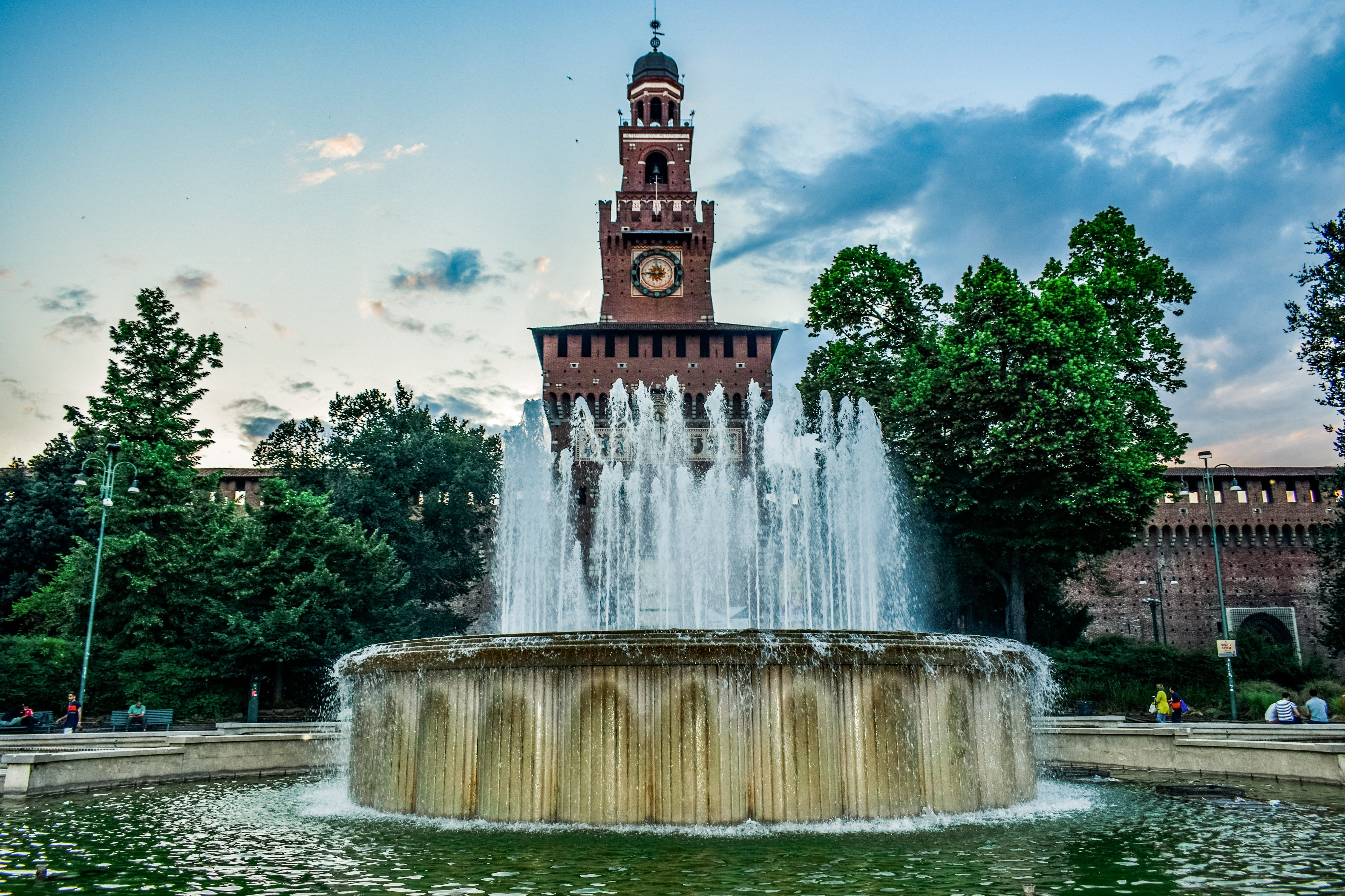 milan, wall, water, architecture, city, plant, tower, italy, travel, tree, day, tourism, sforza castle, nature, sky, spraying, 5K, fountain, lombardy, HD Wallpaper