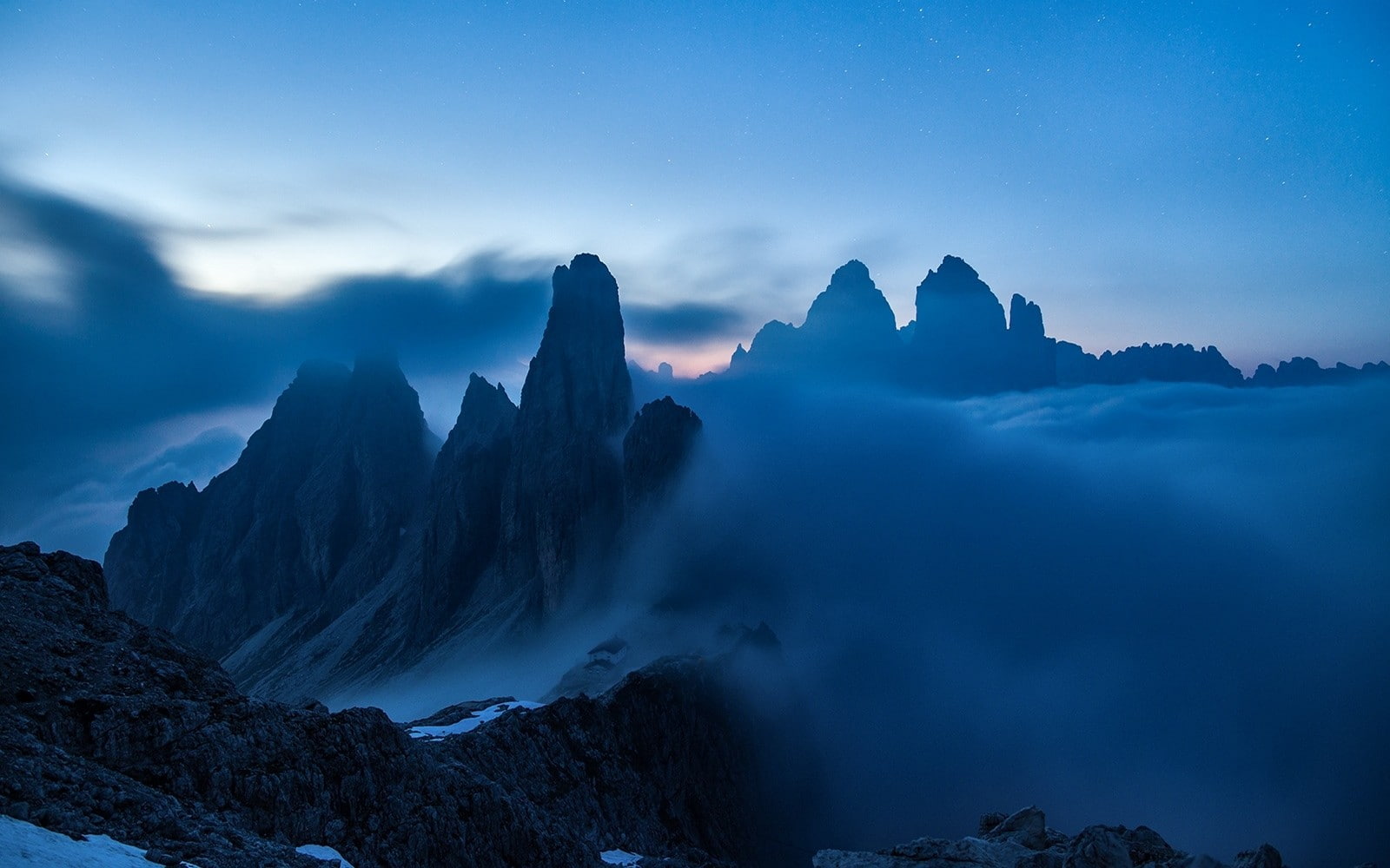 mountain, mist, environment, nature, winter, 720P, blue, sunset, landscape, cloud - sky, night, mountain range, outdoors, scenics - nature, cold temperature, HD Wallpaper