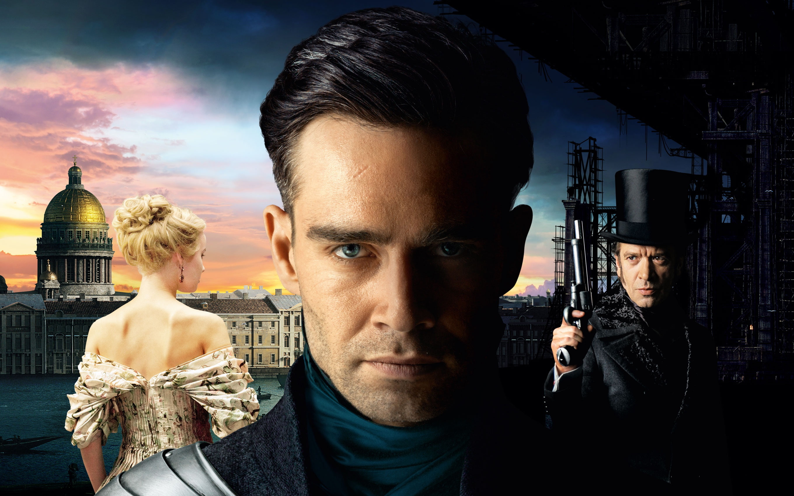 Vladimir Mashkov, Duelist, lady, gun, collage, 2K, cylinder, Yuliya Khlynina, drama, the film, hat, blonde, Pyotr Fyodorov, poster, HD Wallpaper