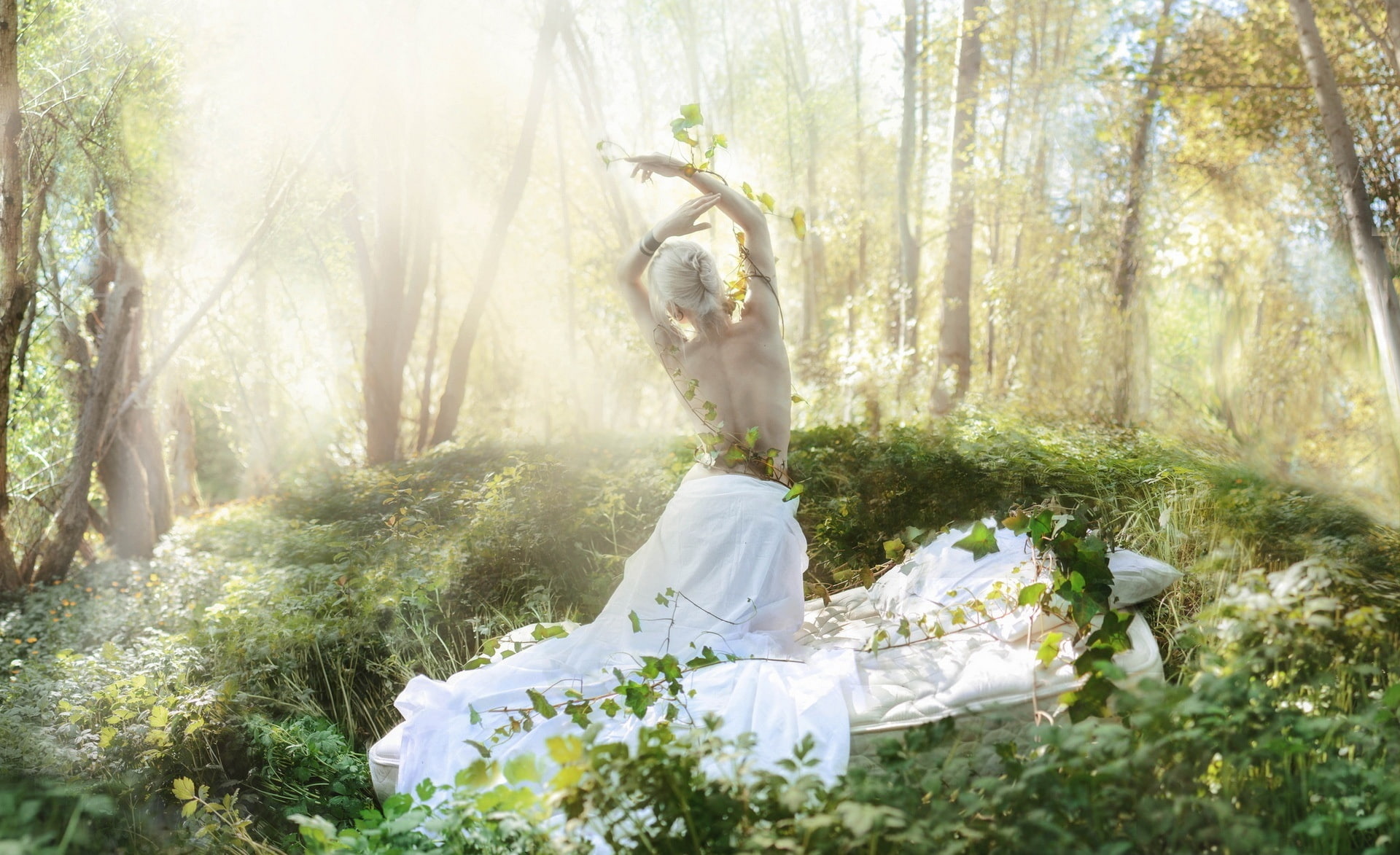 1080P, land, white color, woodland, Creative, sunlight, grass, adult, full length, skirt, Artistic, plant, forest, fairy, women, tree, young adult, tree trunk, HD Wallpaper