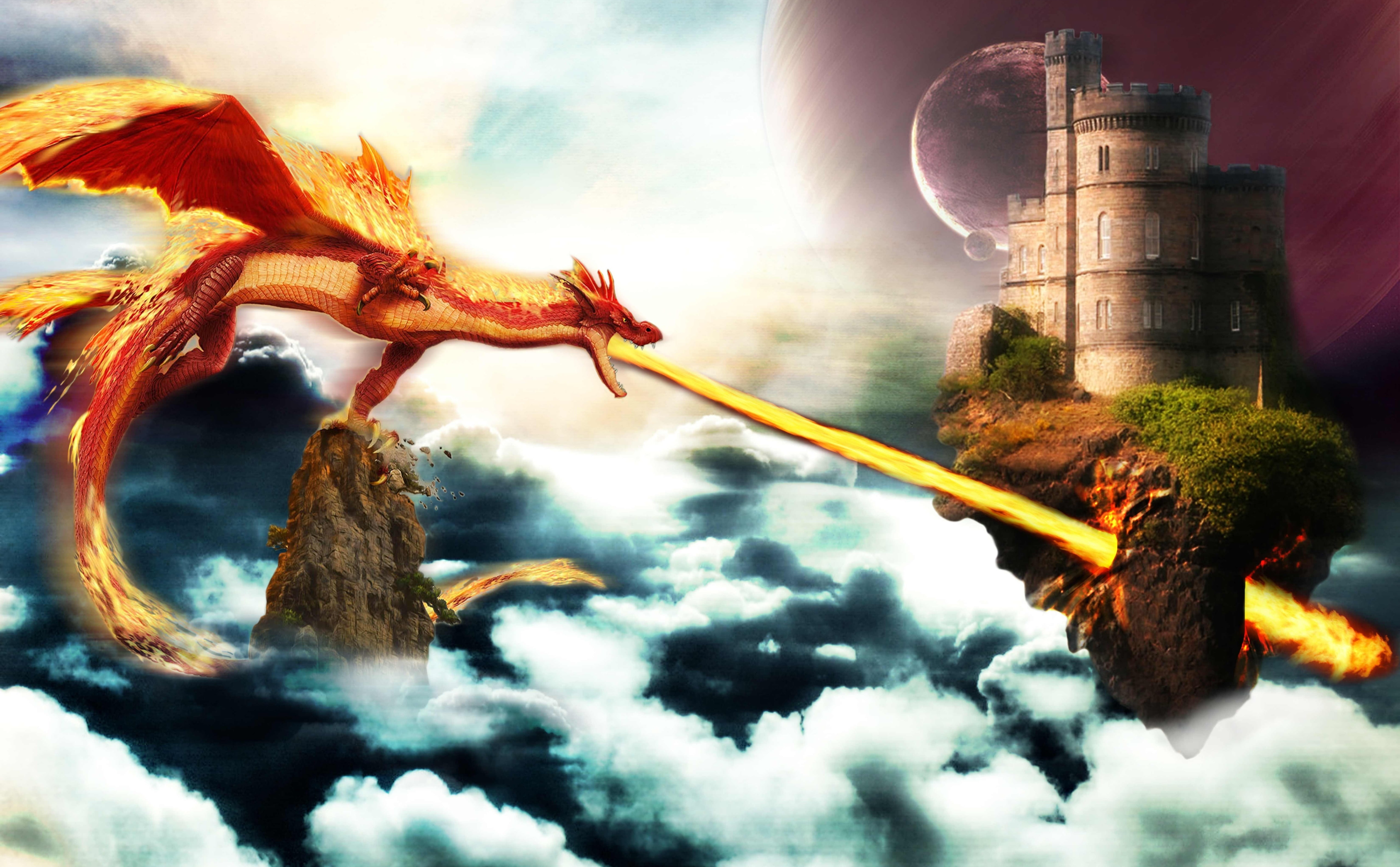 low angle view, beauty in nature, sky, dragon fire, selective focus, no people, pollution, fantasy, outdoors, building exterior, Castle, nature, illustration, HD Wallpaper