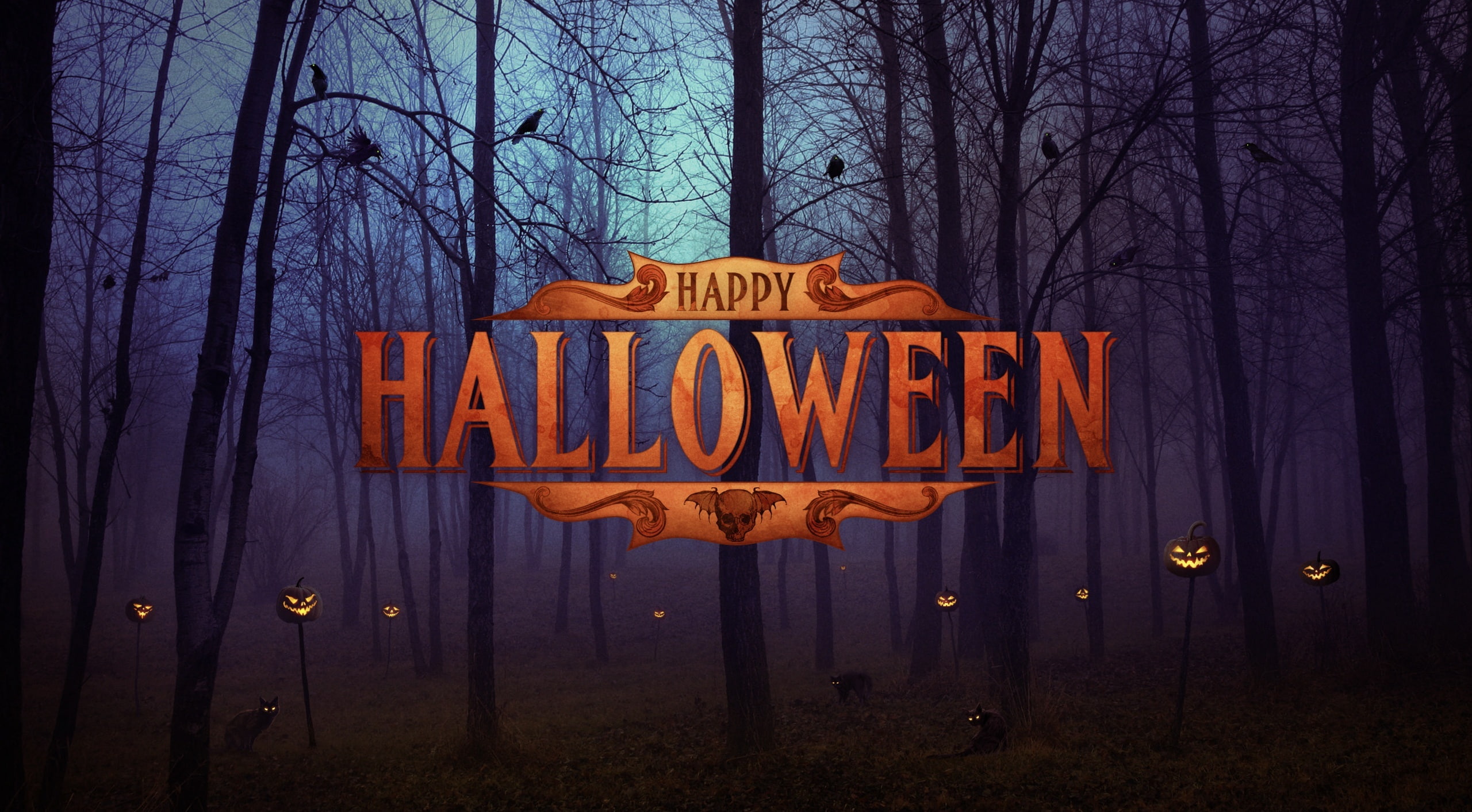 Graphic, Illustration, happy, Design, overlay, 2K, scime, text, outdoors, Forest, lighting equipment, Halloween, capital letter, dusk, built structure, HD Wallpaper