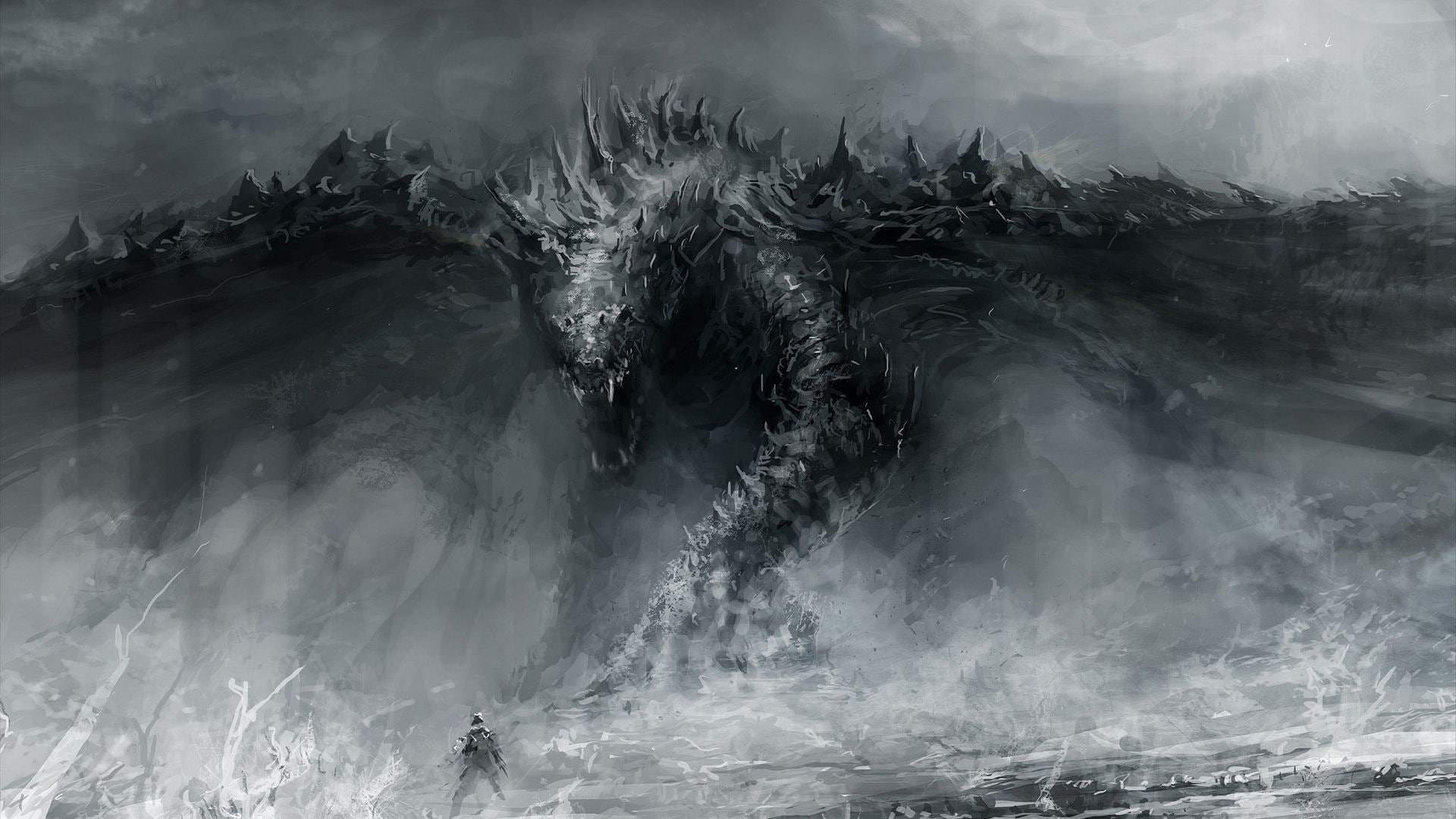 drawings, fantasy, hd, artwork, grayscale, black and white, monsters, 1080P, fantasy art, art, HD Wallpaper