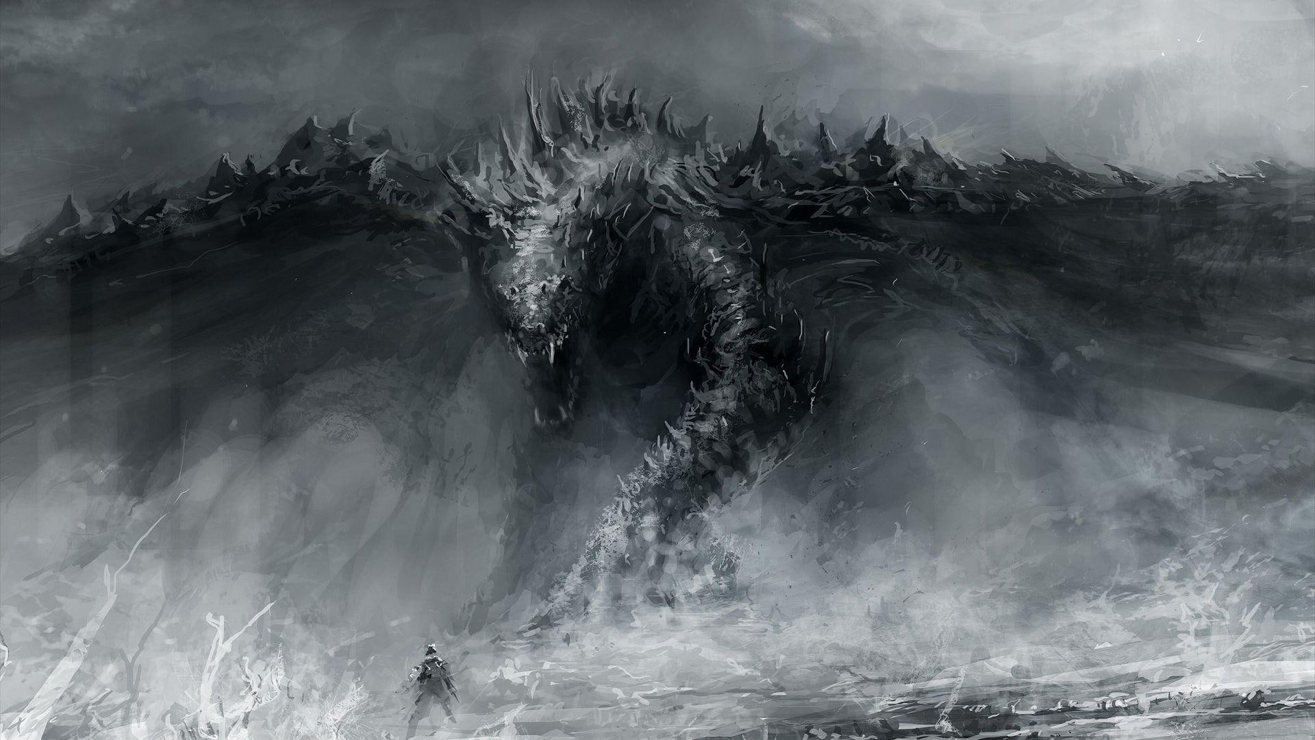 art, fantasy art, artwork, fantasy, monsters, 1080P, grayscale, black and white, drawings, HD Wallpaper
