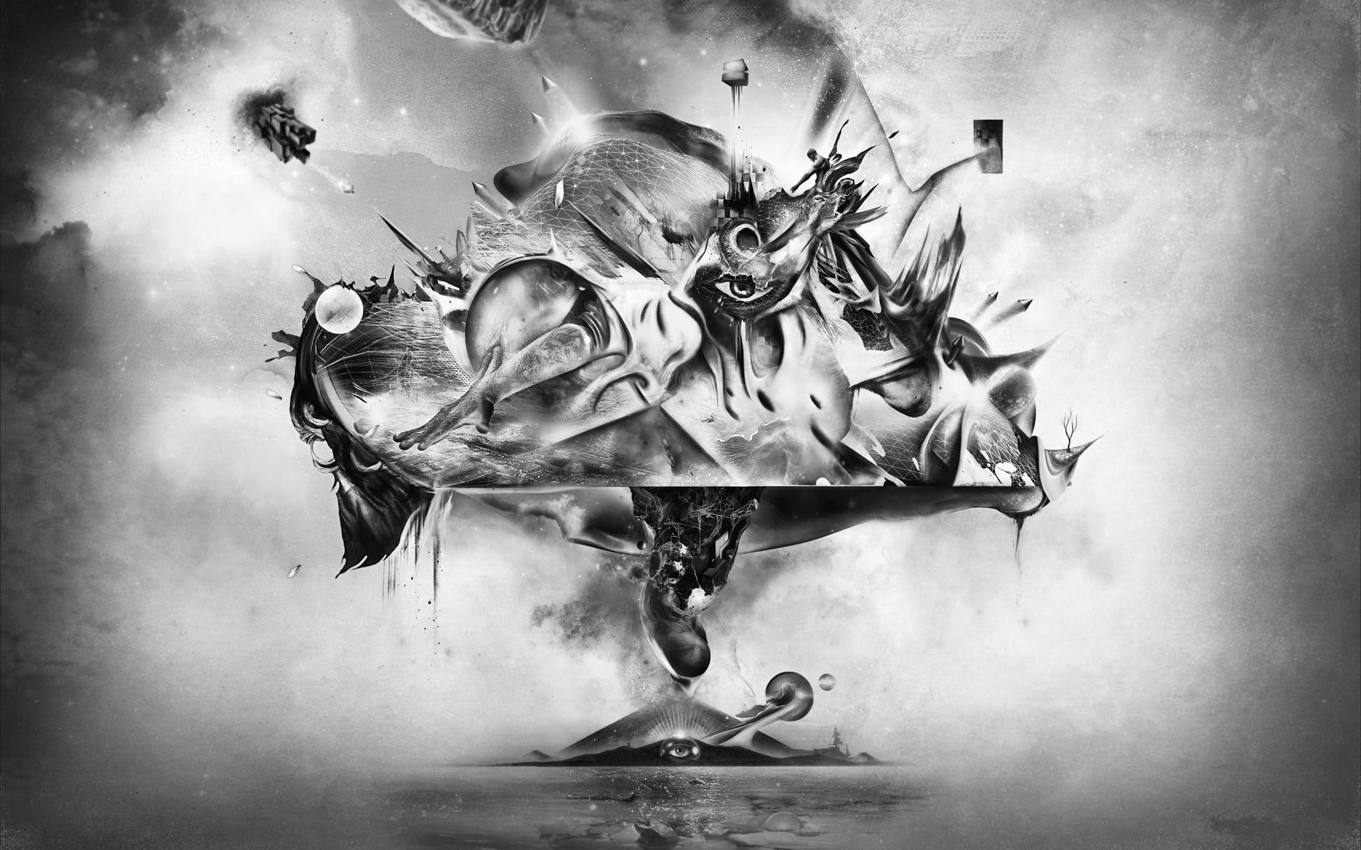 drawing, abstraction, explosion, art, 1080P, fantasy, bw, HD Wallpaper