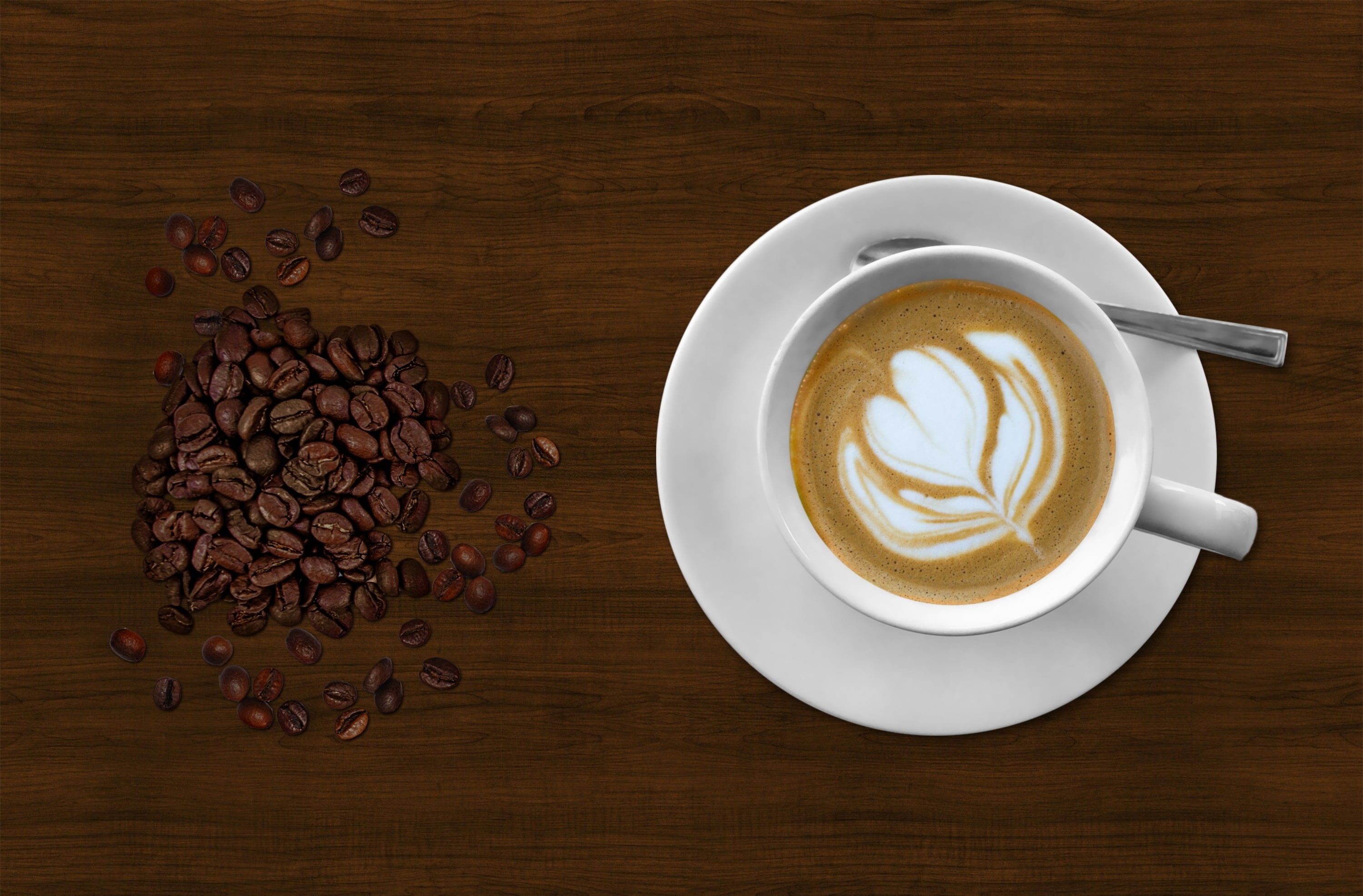 coffee cup, Spoon, White, LooseBeans, saucer, frothy drink, indoors, drink, Breakfast, freshness, coffee - drink, hot drink, Break, cup, directly above, HD Wallpaper