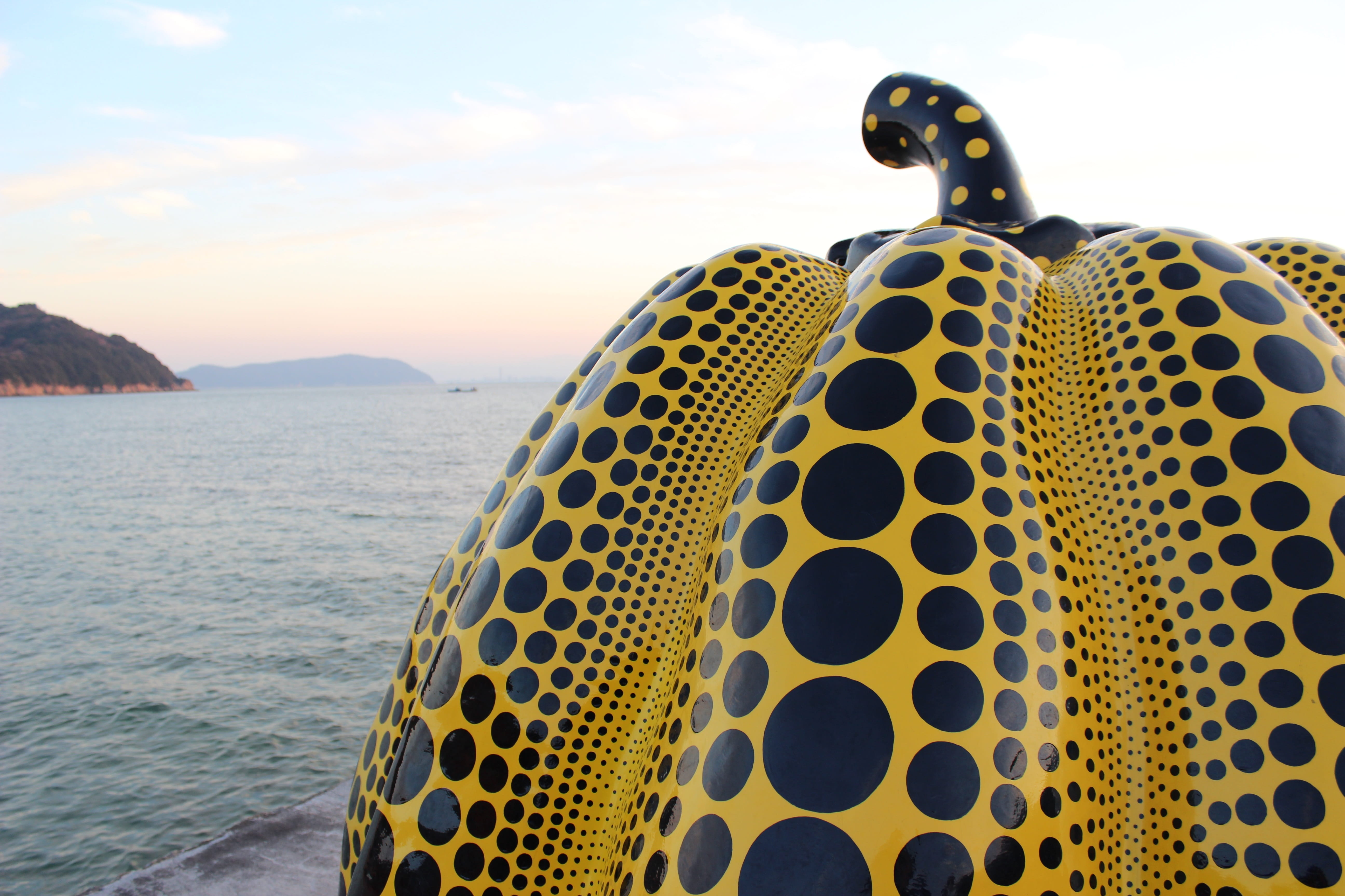 Pumpkin, water, close-up, circle, naoshima, yellow, cloud - sky, famous, outdoors, art, Island, japan, pattern, dots, sea, kusama, leisure activity, shape, HD Wallpaper