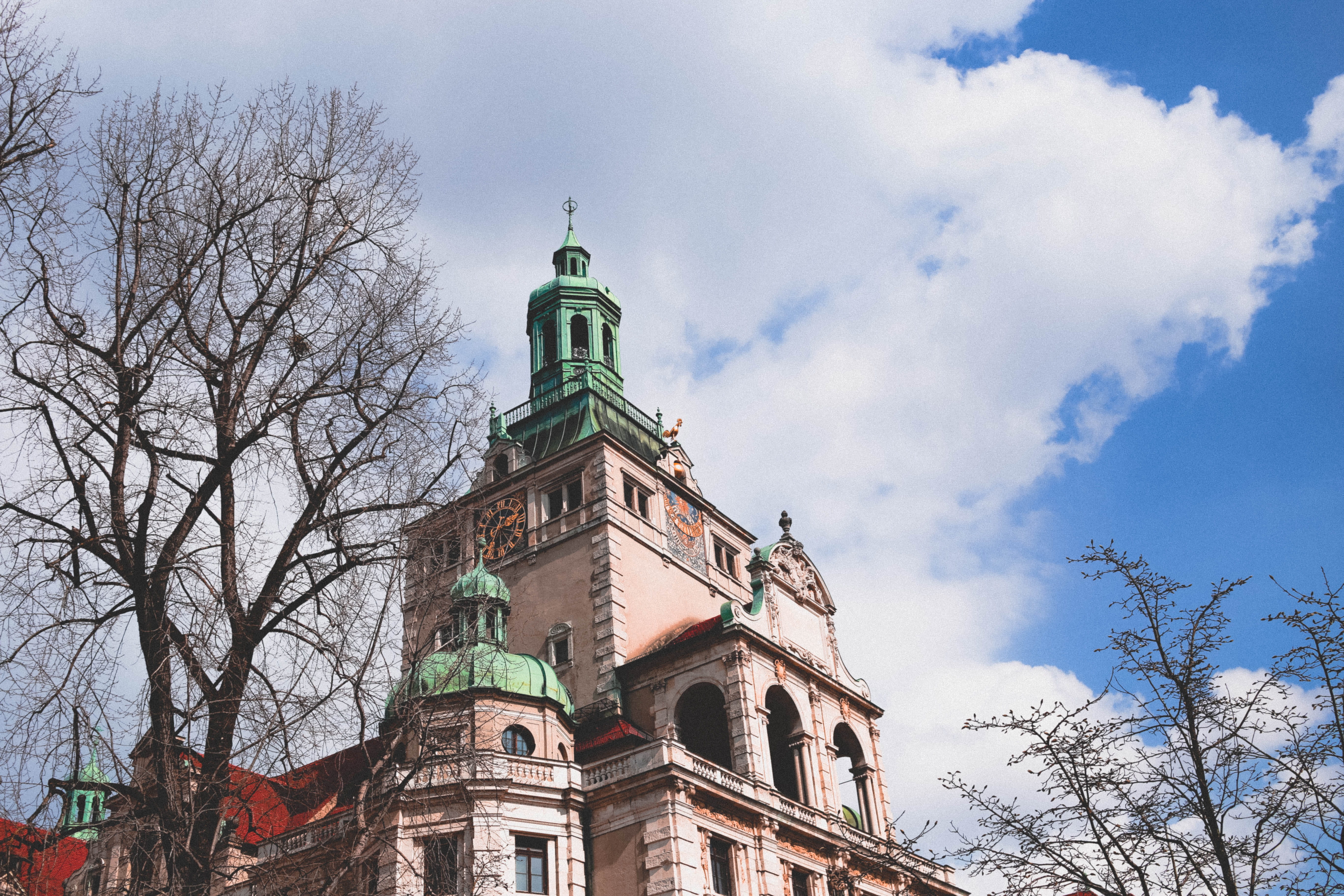 munich, buildings, tree, town, low angle view, built structure, germany, perspective, building exterior, nature, sky, lights, history, cityscape, tower, HD Wallpaper