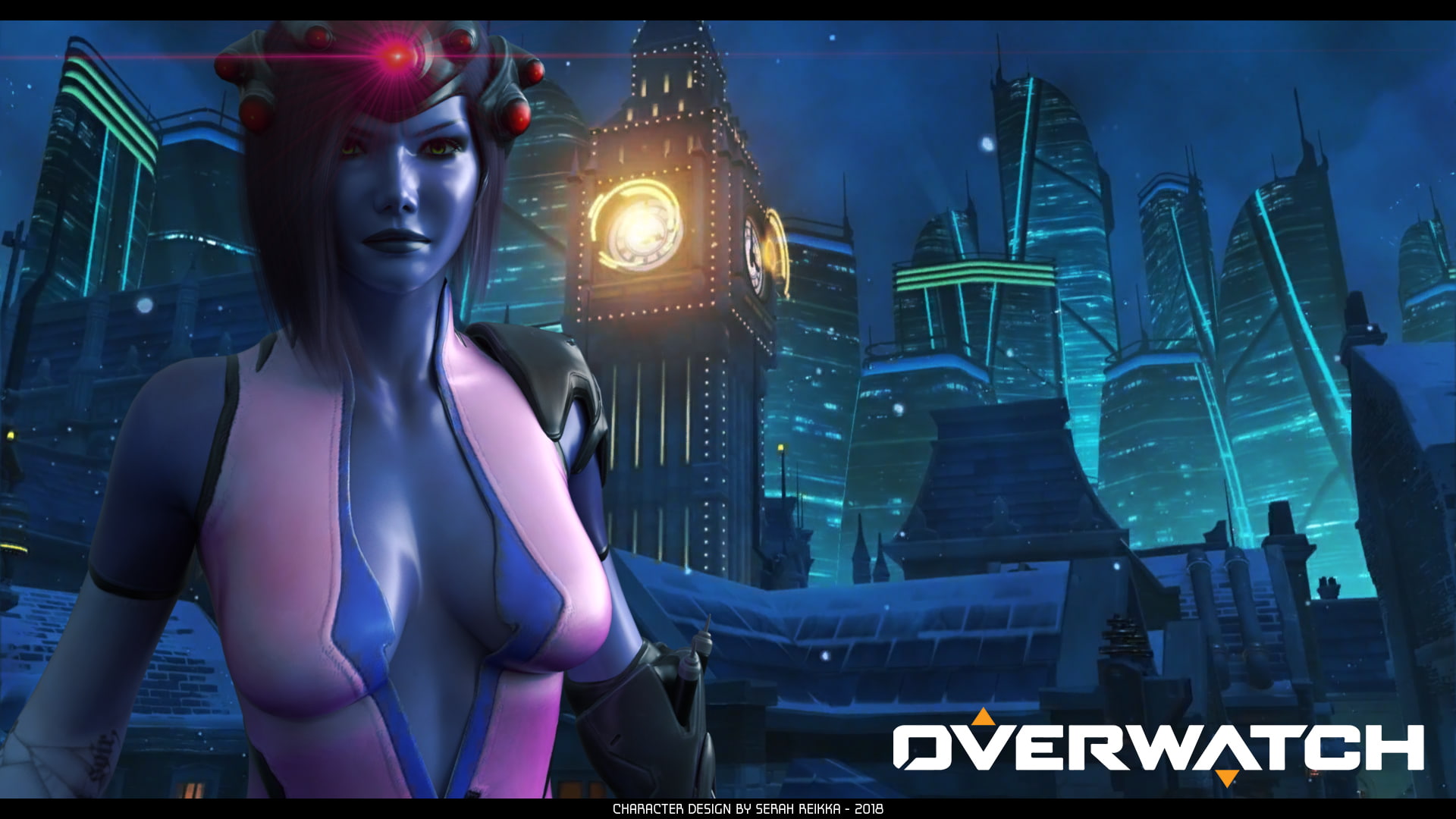 widowmaker, pink hair, cosplay, CGI, green eyes, digital art, render, Widowmaker (Overwatch), Overwatch, 3d design, KINGSROW, women, 1080P, model, purple, HD Wallpaper