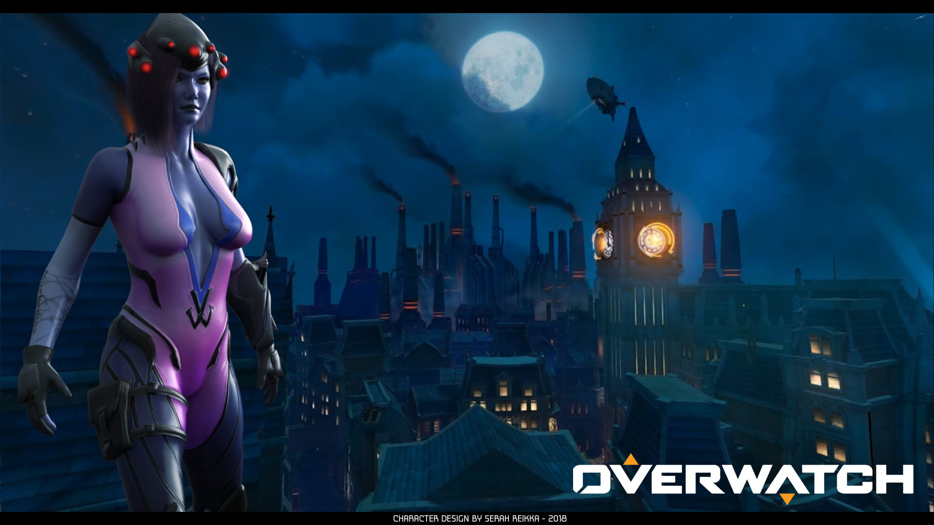 standing, cosplay, architecture, city, night, KINGSROW, sky, Overwatch, office building exterior, landscape, human representation, full moon, women, widowmaker, HD Wallpaper