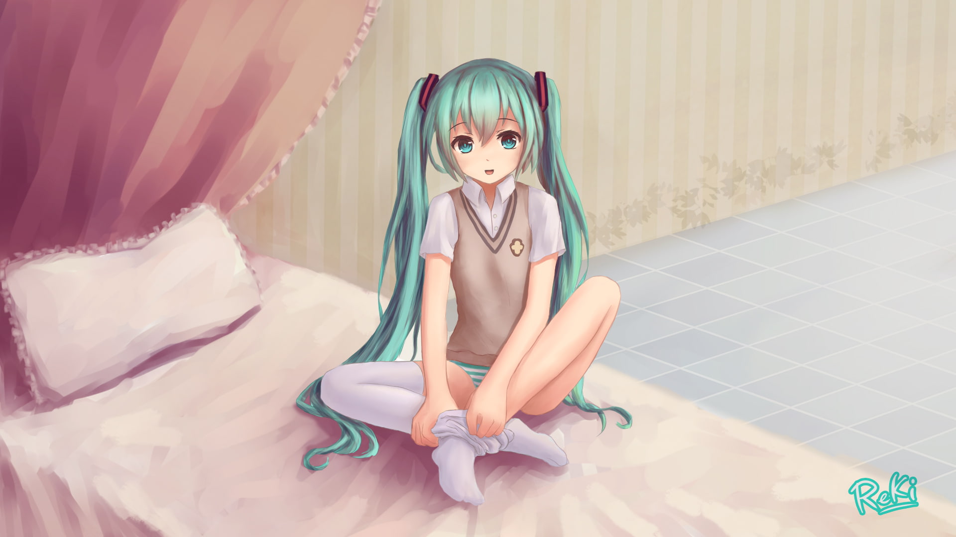 dressing, reki, underwear, cosplay, aru, majutsu, vocaloid, striped, index, lichk, miku, hatsune, 1080P, panties, thighhighs, HD Wallpaper