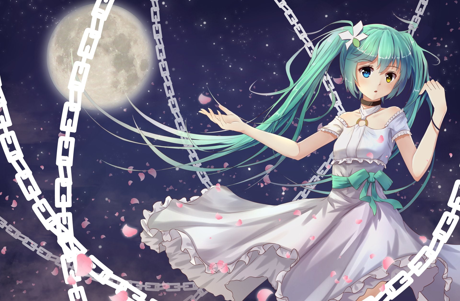 green, 1080P, reki, yellow, blush, blue, miku, moon, bicolored, petals, choker, dress, lichk, hatsune, vocaloid, hair, chain, eyes, HD Wallpaper