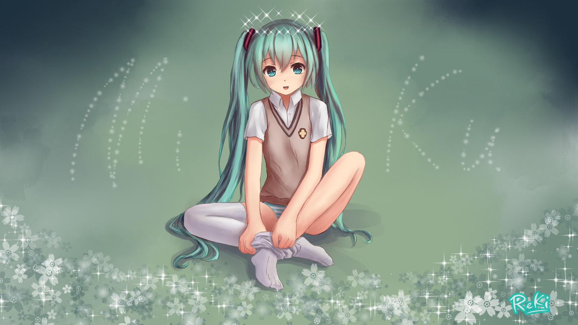 cosplay, thighhighs, reki, lichk, panties, 1080P, miku, underwear, vocaloid, aru, dressing, index, majutsu, striped, hatsune, HD Wallpaper